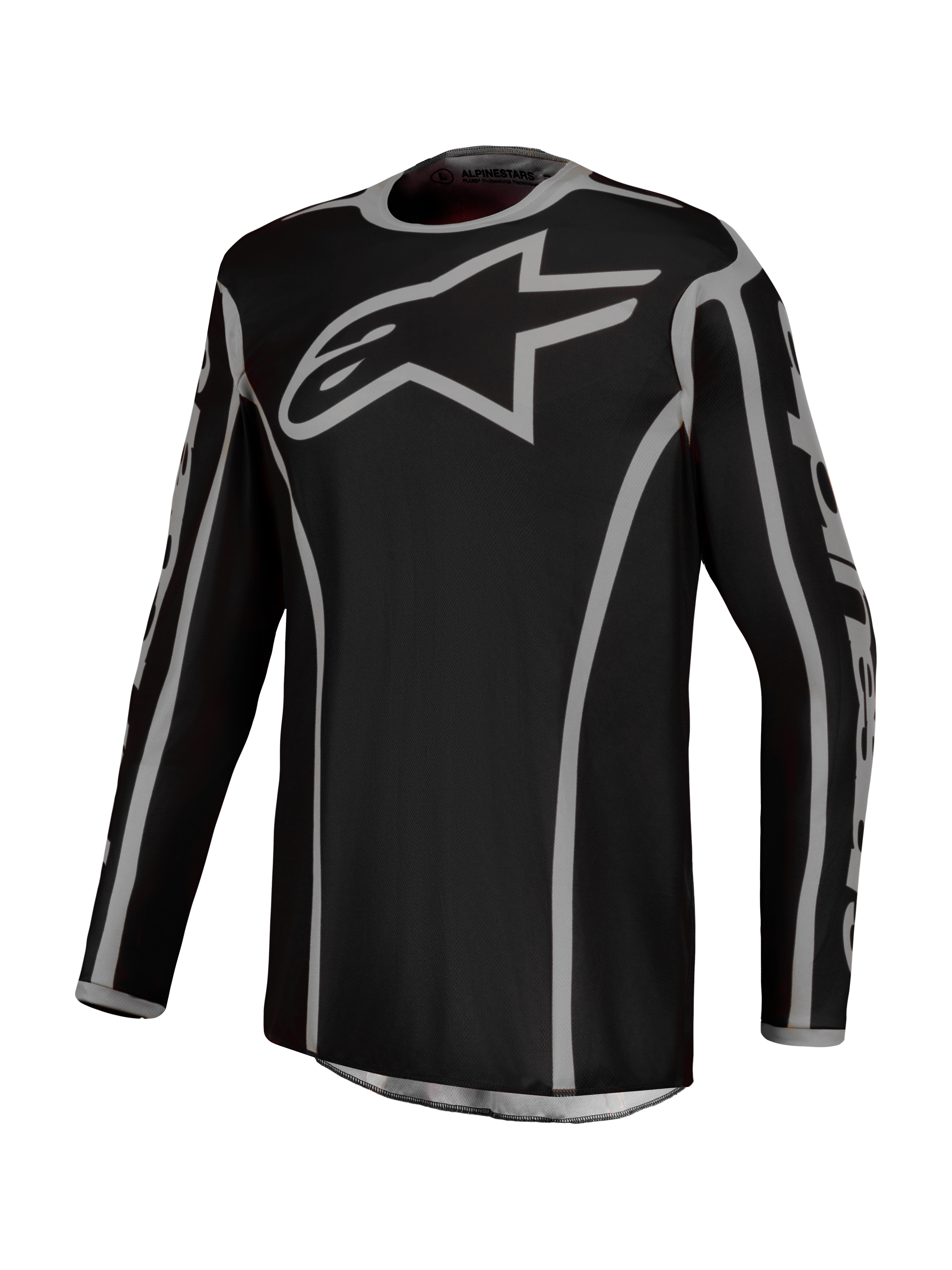 Alpinestars Fluid Apex V2 Jersey, Men's Motocross Jersey in Black and Silver, breathable moisture-wicking polyfabric.