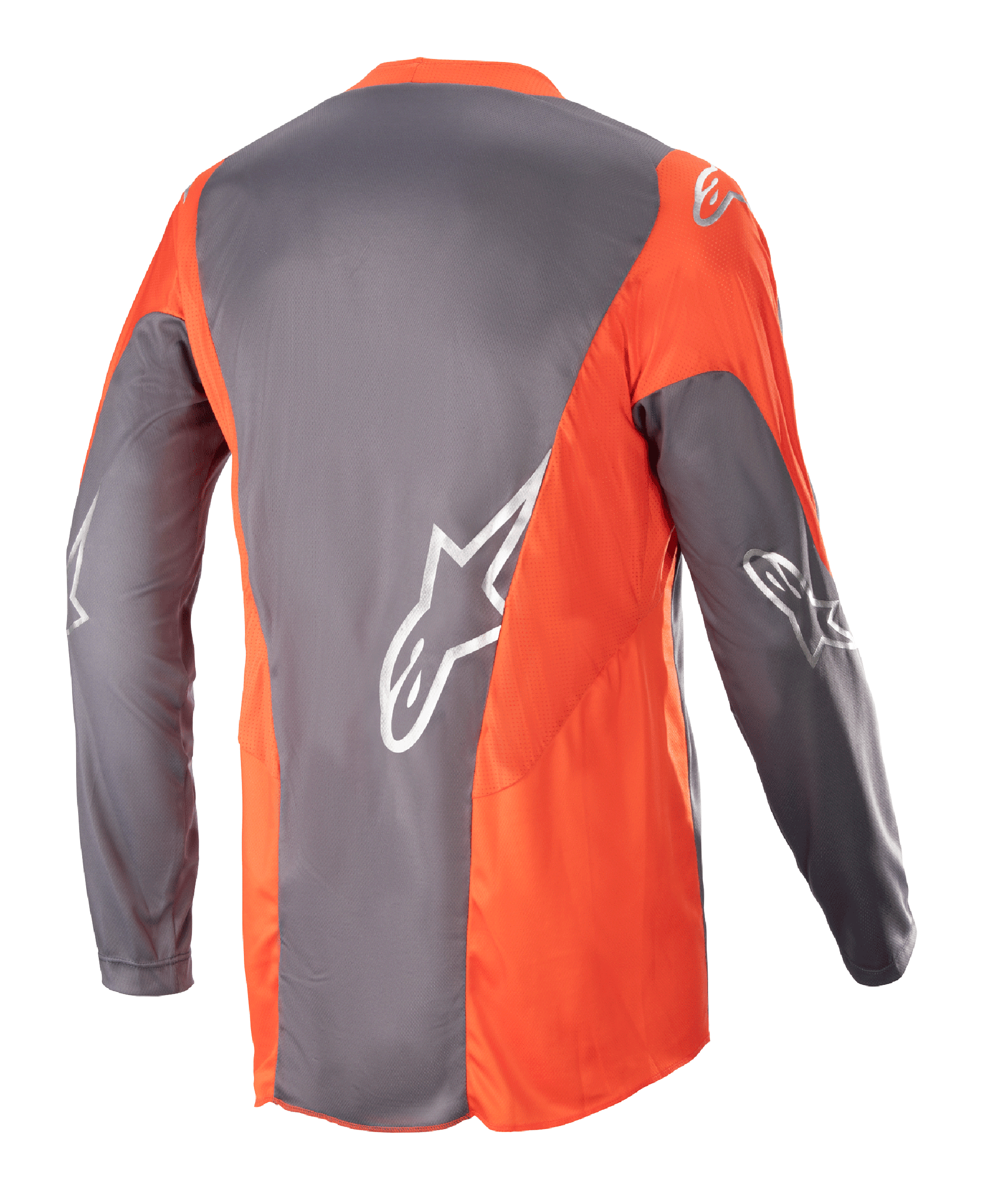 Alpinestars 2023 Racer Hoen Jersey, Motocross-Jersey, Magnet Hot Orange, Rückansicht mit grauen und orangefarbenen Einsätzen sowie silbernen Astars-Logos auf den Ärmeln und dem Rücken, Performance-Offroad-Bekleidung