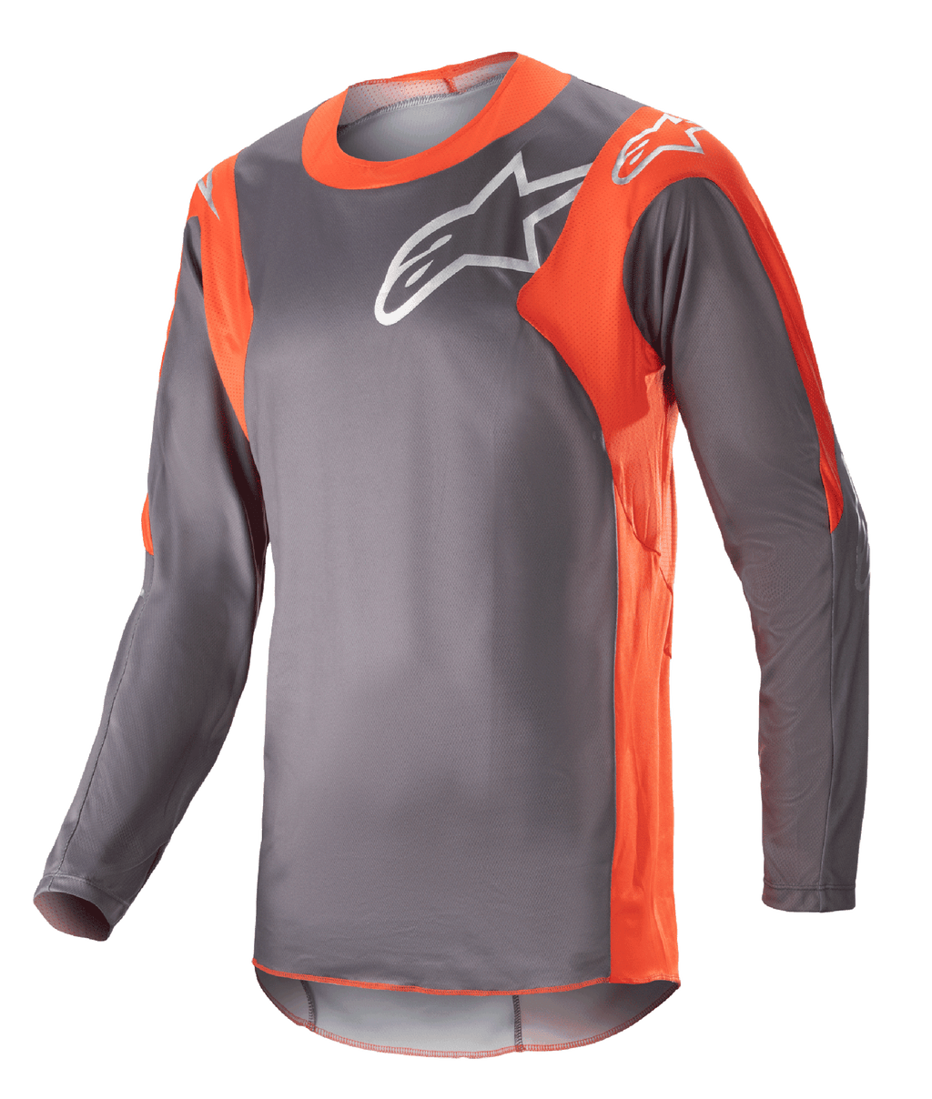 Alpinestars 2023 Racer Hoen Jersey, Langarm-Motocross-Trikot, Magnet-Grau und Hot-Orange, weißes Alpinestars-Logo auf Brust und Schultern, leichtes Performance-Gewebe für Offroad-Rennen