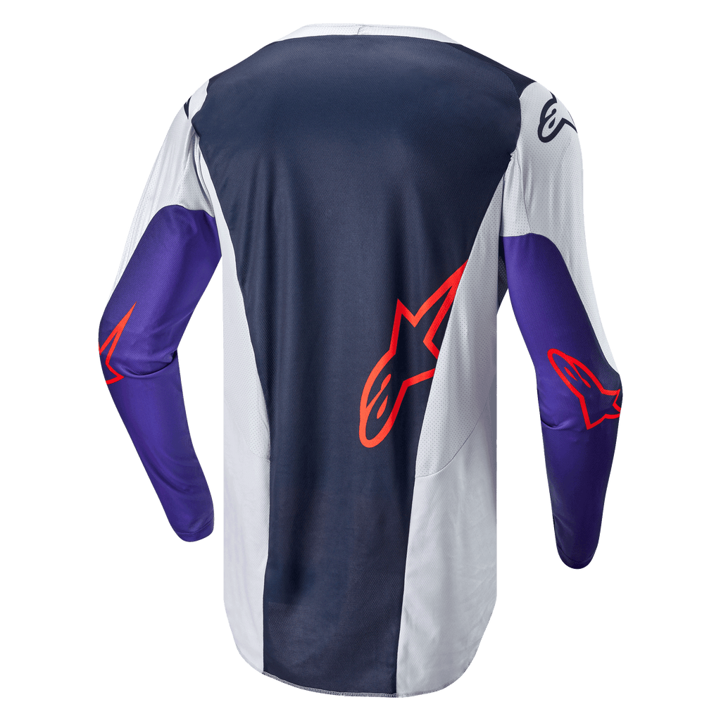 Alpinestars 2024 Racer Hoen Trikot, Motocross-Trikot, Rückansicht, Dunkelblau und Hellgrau mit lila Ärmeln, orangefarbene Alpinestars-Logos, technisches Mesh-Gewebe für Offroad-Performance