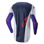 Alpinestars 2024 Racer Hoen Trikot, Motocross-Trikot, Rückansicht, Dunkelblau und Hellgrau mit lila Ärmeln, orangefarbene Alpinestars-Logos, technisches Mesh-Gewebe für Offroad-Performance