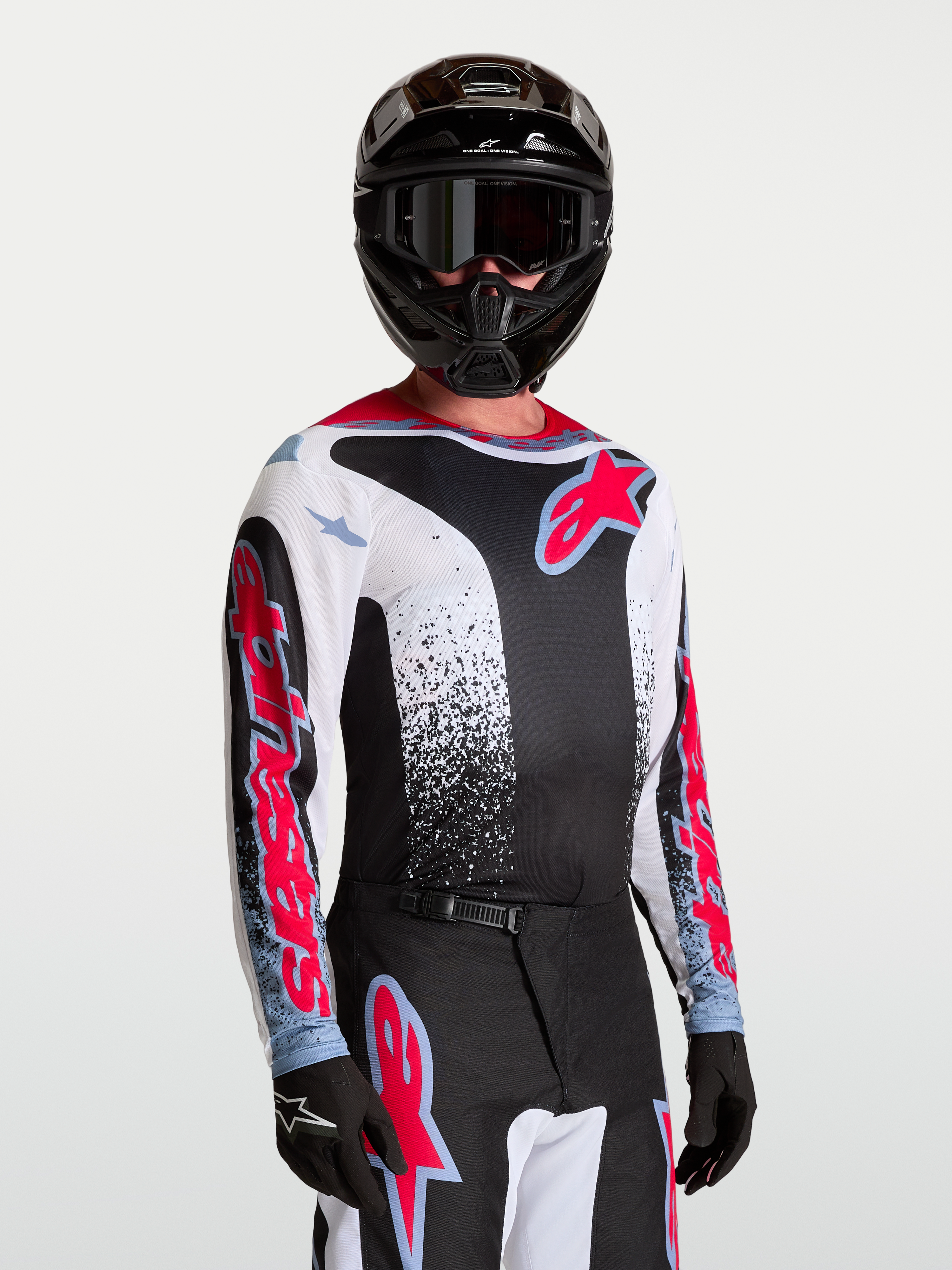 Alpinestars Fluid Drag Trikot, Motocross-Trikot für Herren, Schwarz, Weiß, Rot und Blau, atmungsaktives Funktionsmaterial.