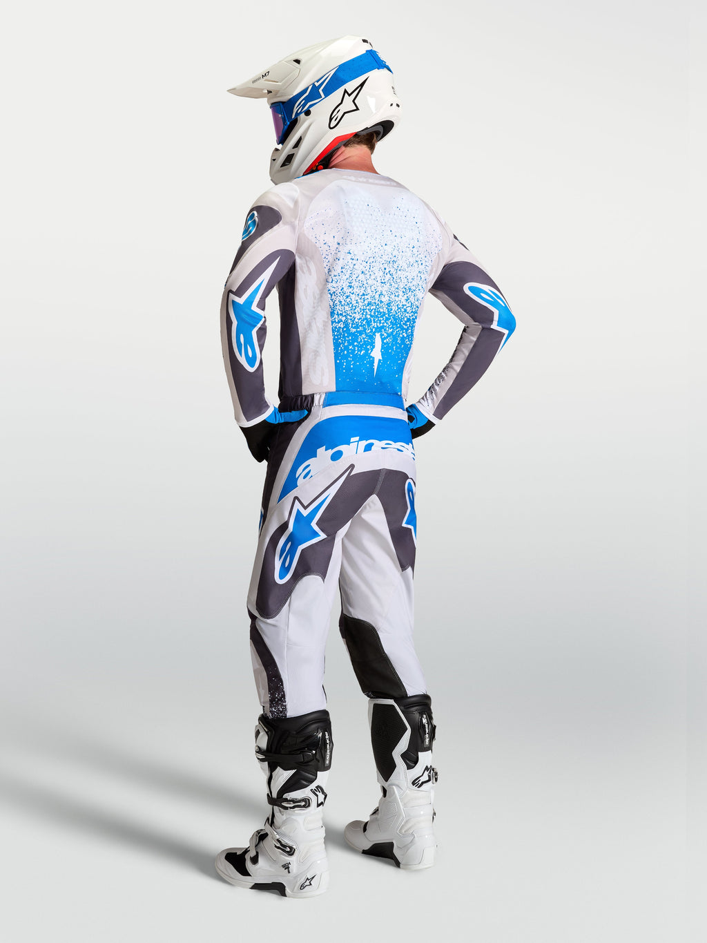 Alpinestars Fluid Drag Gear Set, MX-Ausrüstungsset, Grau und Blau, Rückansicht von Trikot und Hose, Motocross-Performance