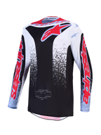 Alpinestars Fluid Drag Trikot, Herren-MX-Oberteil, Schwarz und Weiß, rote Fluo-Grafiken, feuchtigkeitsableitendes Material.