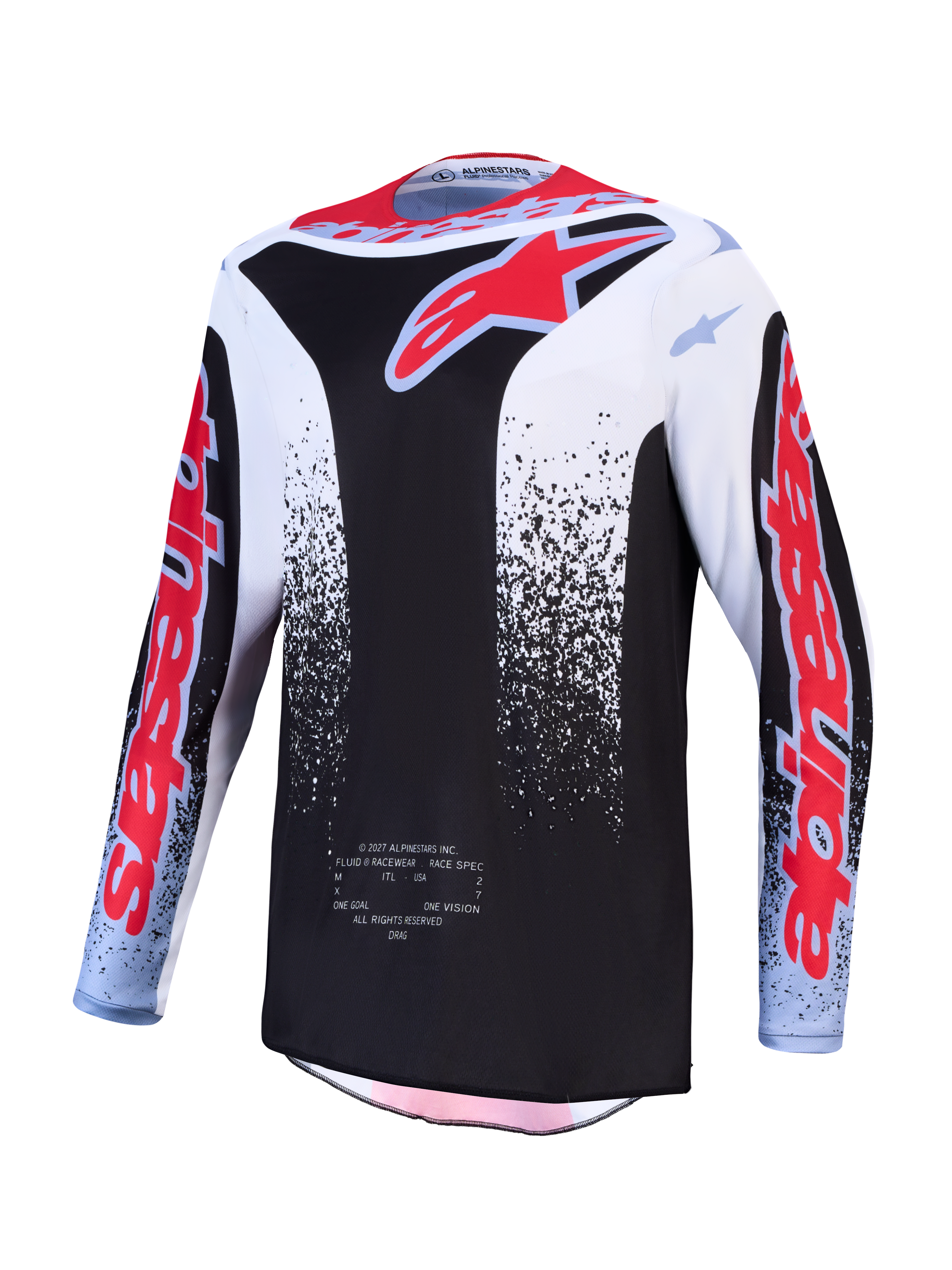 Alpinestars Fluid Drag Trikot, Herren-MX-Oberteil, Schwarz und Weiß, rote Fluo-Grafiken, feuchtigkeitsableitendes Material.