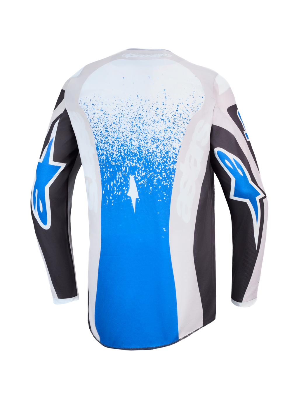 Alpinestars Fluid Drag Trikot, blaues und graues Motocross-Trikot, Rückansicht mit Splatter-Grafiken und Stern-Logos.