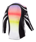 Alpinestars 2023 Racer Semi Jersey, Motocross Jersey, Black Multicolor, rear view featuring a large central panel with a vibrant purple to yellow gradient, black sleeves and shoulders with white logo accents and curved lines, designed for off-road performance
