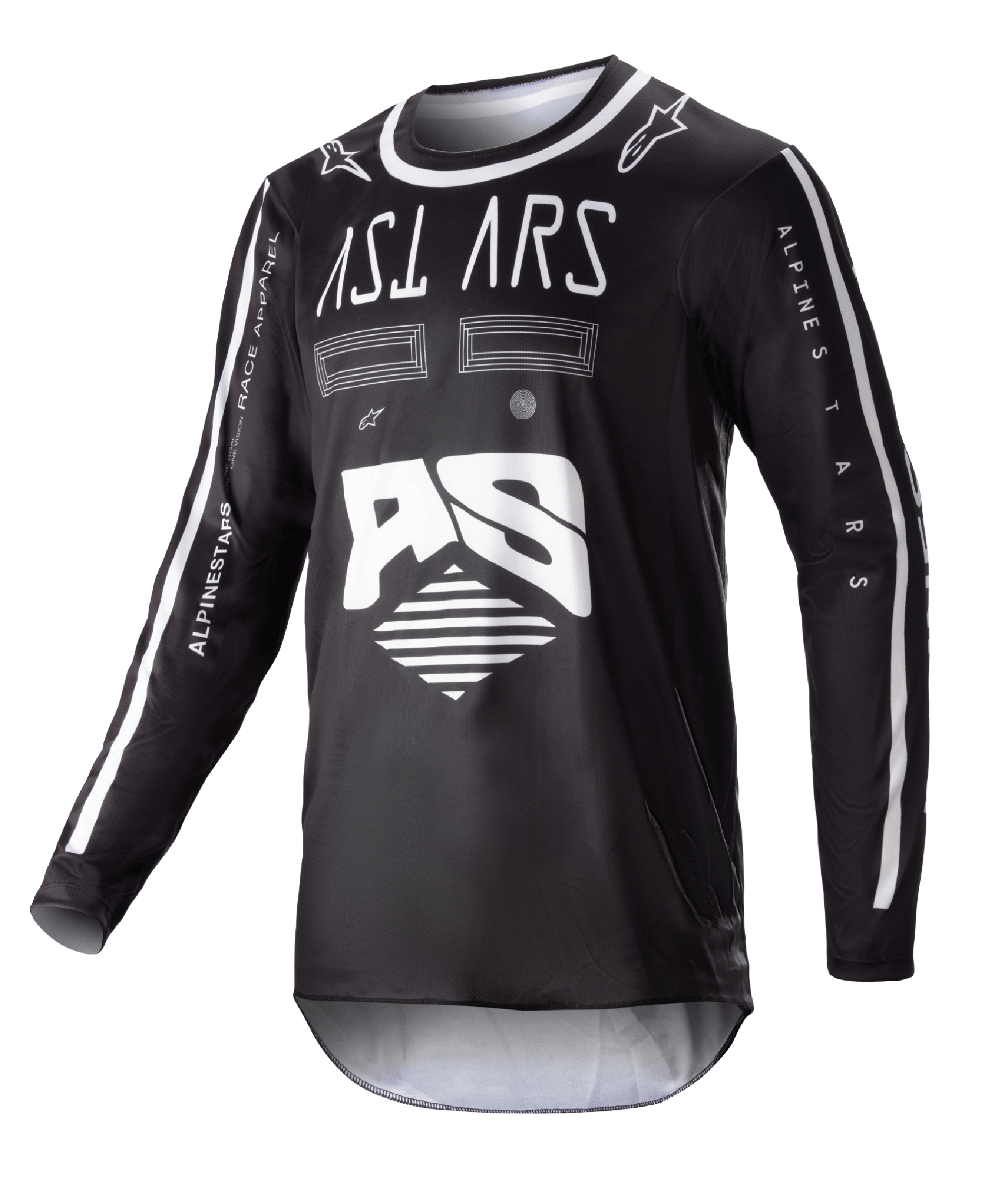 Alpinestars 2023 Racer Found Trikot, schwarzes Langarm-Motocross-Trikot, weiße abstrakte Grafiken und großes AS-Logo, ASTARS-Branding auf der Brust, weiß eingefasster Rundhalsausschnitt, Performance-Rennbekleidung