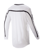 Alpinestars 2023 Racer Found Jersey, Motocross Jersey, White, Back view featuring black stripes across shoulders and sleeves, dropped tail hem for coverage, lightweight poly-fabric construction