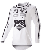 Alpinestars 2023 Racer Found Jersey, Motocross Jersey, White and Black, bold black graphics and branding on chest and sleeves, lightweight performance fabric with a black collar, off-road racing apparel