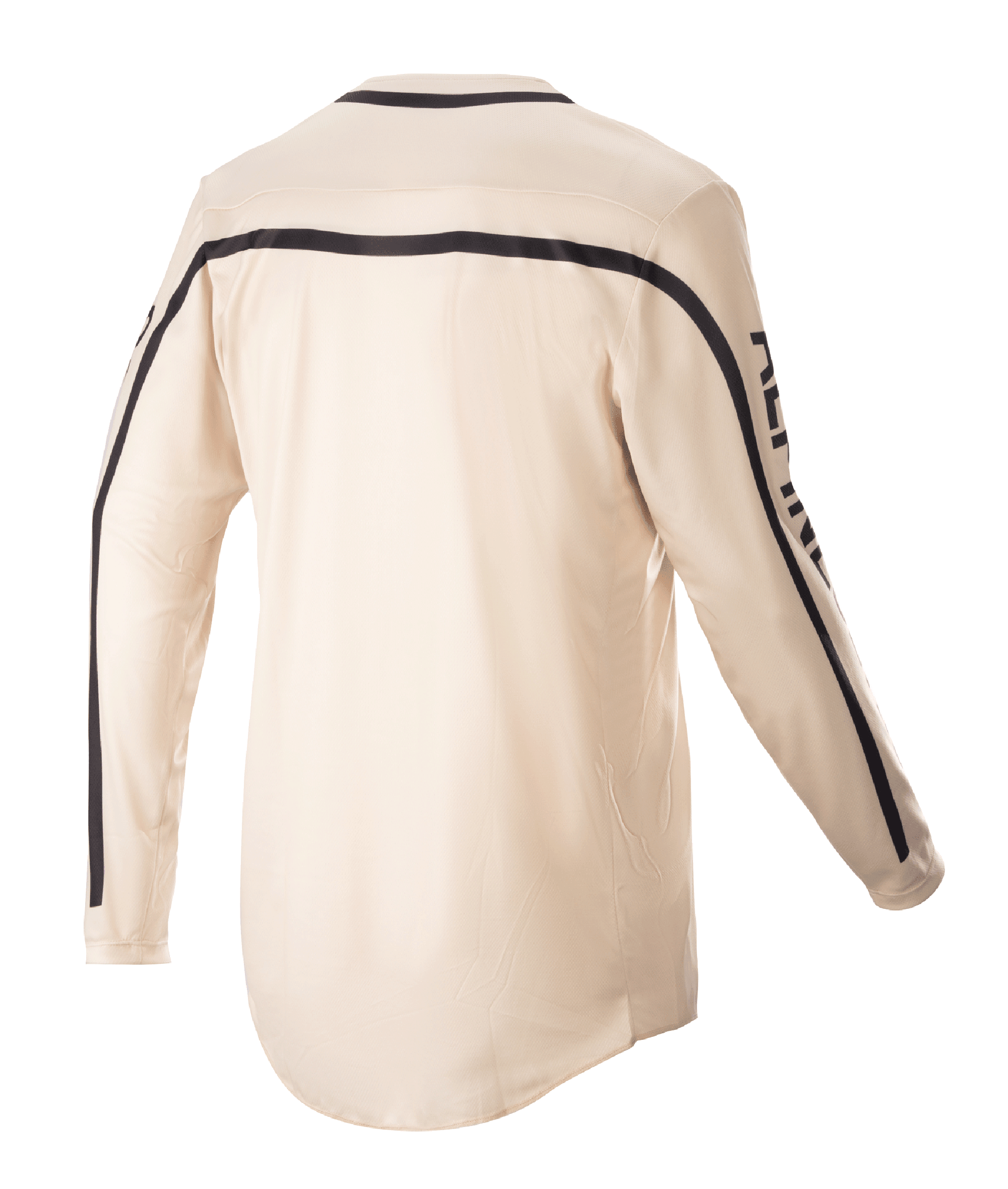 Alpinestars 2023 Racer Found Trikot, Motocross-Trikot, Mountain (Beige), Rückansicht, mit schwarzen Streifen über den Schultern und entlang der Ärmel, ergonomischer Schnitt mit verlängertem Rückenteil für optimale Abdeckung beim Fahren