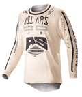 Alpinestars 2023 Racer Found Jersey, Motocross-Trikot, Beige mit schwarzen Grafiken, langärmelige Offroad-Performance-Ausrüstung, mit AS-Logo und Branding auf den Ärmeln