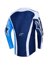 Alpinestars 2026 Racer Air Portl Trikot, Rückansicht, Ucla Blau und Weiß, dunkelblauer Mesh-Körper mit weißen geschwungenen Akzenten, hellblauer linker Ärmel mit dunkelblauem Stern-Logo, dunkelblauer rechter Ärmel mit weißem Stern-Logo, atmungsaktives Motocross-Performance-Trikot