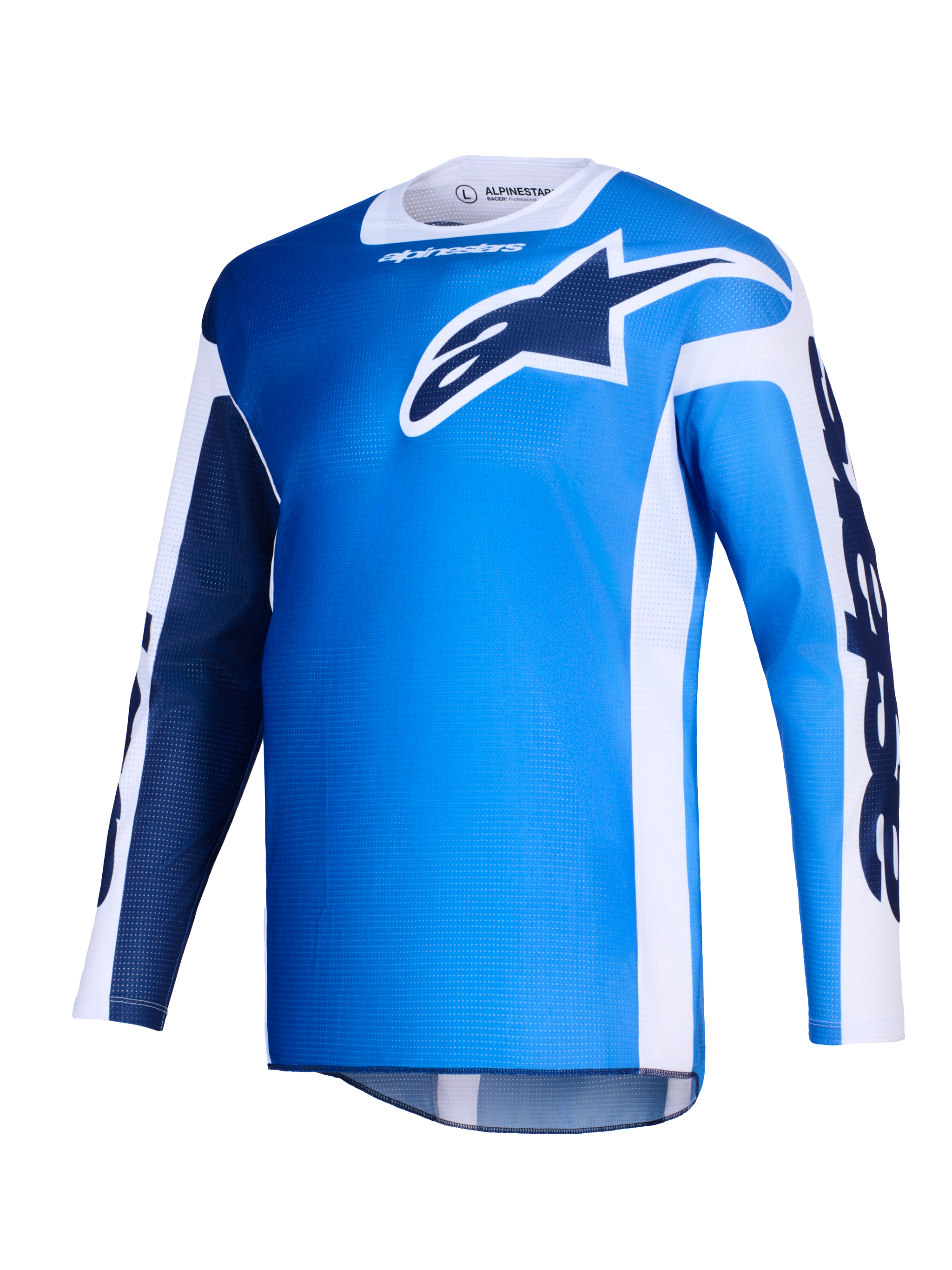 Alpinestars 2026 Racer Air Portl Trikot, Motocross-Trikot, Ucla Blau und Weiß, mit einem großen dunkelblauen Astars-Logo auf der Brust, weißen Seiteneinsätzen und leichter Mesh-Textur für hohe Luftzirkulation