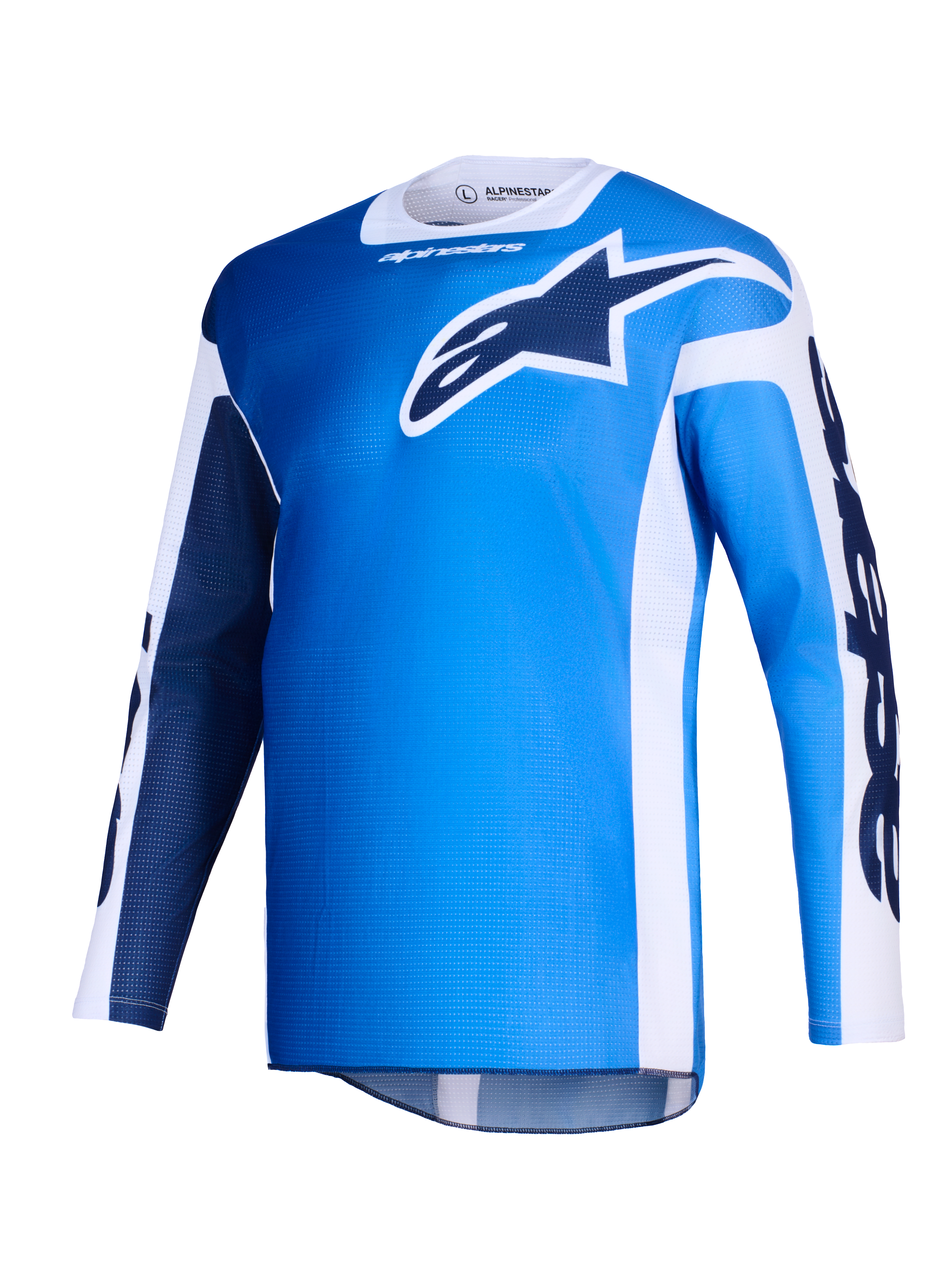 Alpinestars 2026 Racer Air Portl Jersey, Motocross Jersey, Ucla Blue and White, featuring a large dark blue Astars logo on the chest, white side panels, and lightweight mesh texture for high airflow