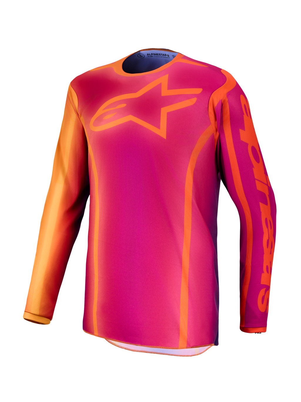 Alpinestars Fluid Kepler Trikot, Motocross-Oberteil für Herren in Lila und Orange, aus feuchtigkeitsableitendem Polygewebe.