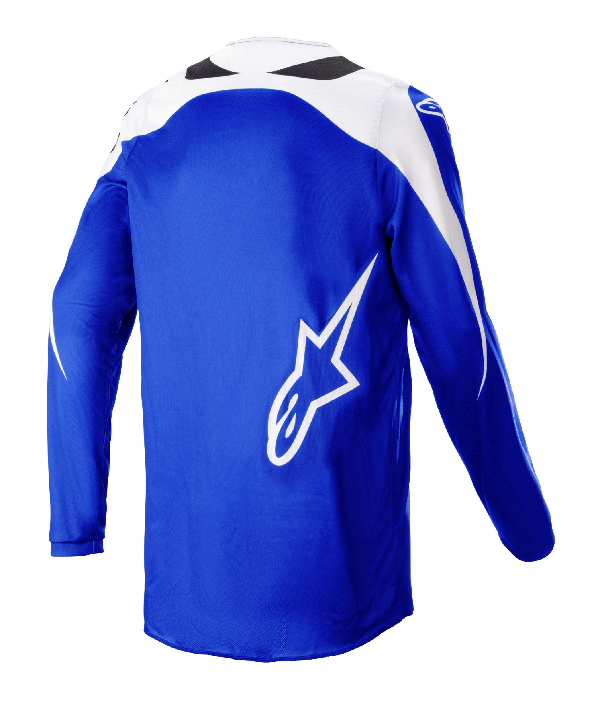 Alpinestars 2023 Fluid Narin Jersey, Motocross Jersey, Blue Ray White, back view featuring a large white A-star logo, white shoulder panels, breathable poly-fabric for off-road performance