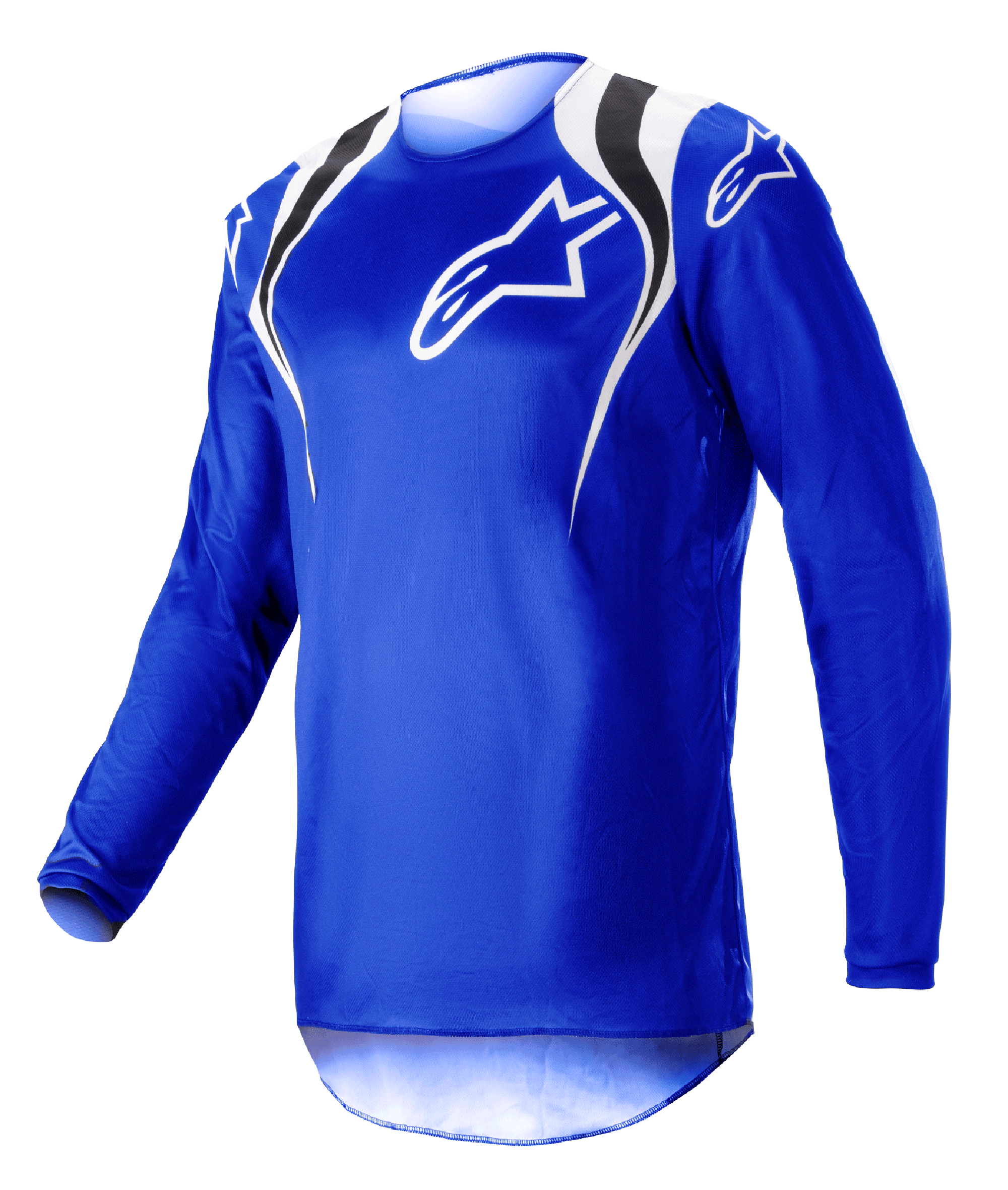Alpinestars 2023 Fluid Narin Jersey, Motocross Jersey, Blue Ray White, featuring white and black shoulder accents and a white chest logo, lightweight long-sleeve design for off-road racing