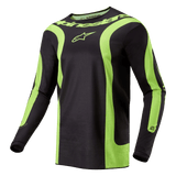 Alpinestars 2024 Fluid Lurv Jersey, Motocross-Trikot, Schwarz und Neongelb, mit markanten geschwungenen neongelben Einsätzen, Alpinestars-Logo auf der Brust und Schriftzug am Kragen, sportliche Passform für Offroad-Rennen