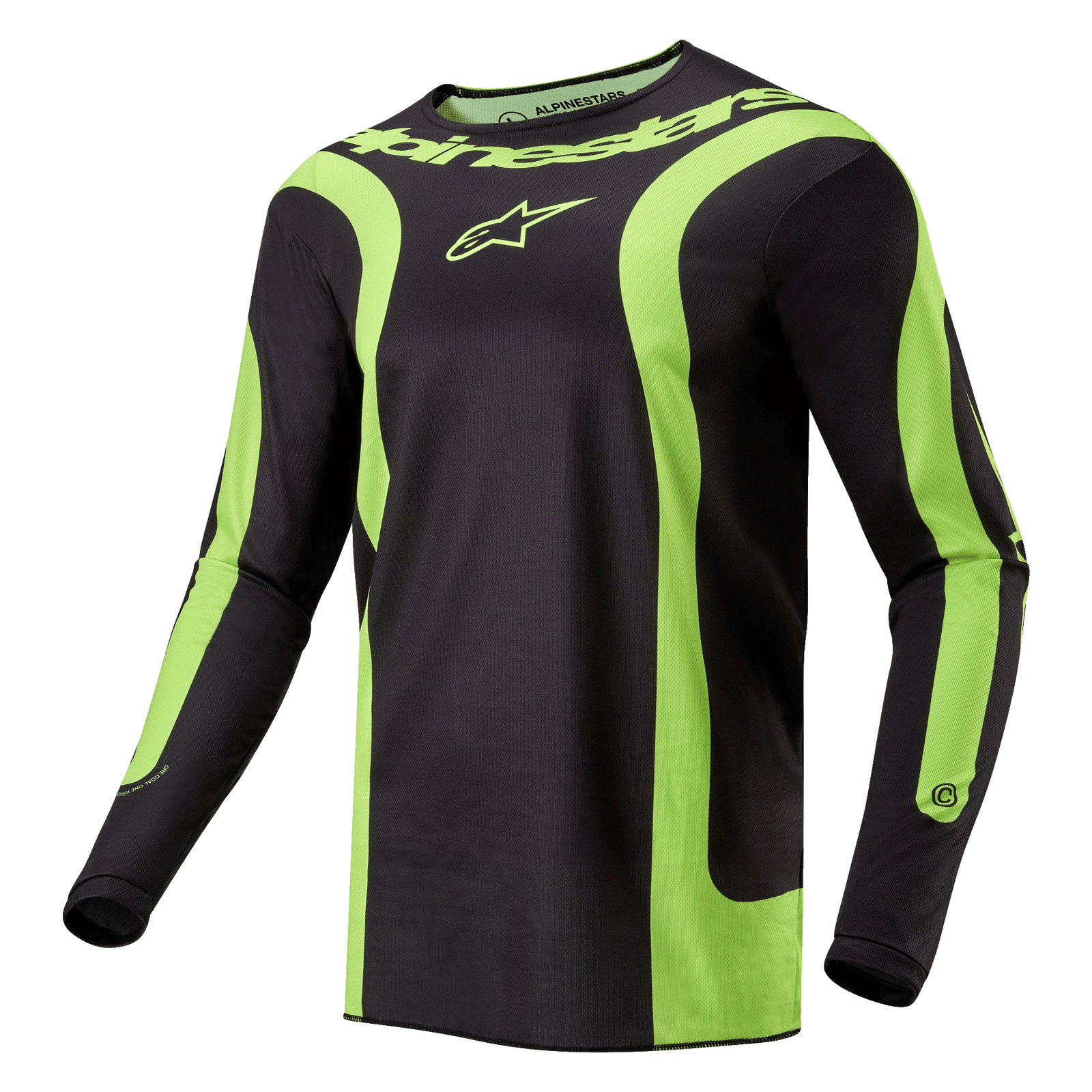 Alpinestars 2024 Fluid Lurv Jersey, Motocross-Trikot, Schwarz und Neongelb, mit markanten geschwungenen neongelben Einsätzen, Alpinestars-Logo auf der Brust und Schriftzug am Kragen, sportliche Passform für Offroad-Rennen