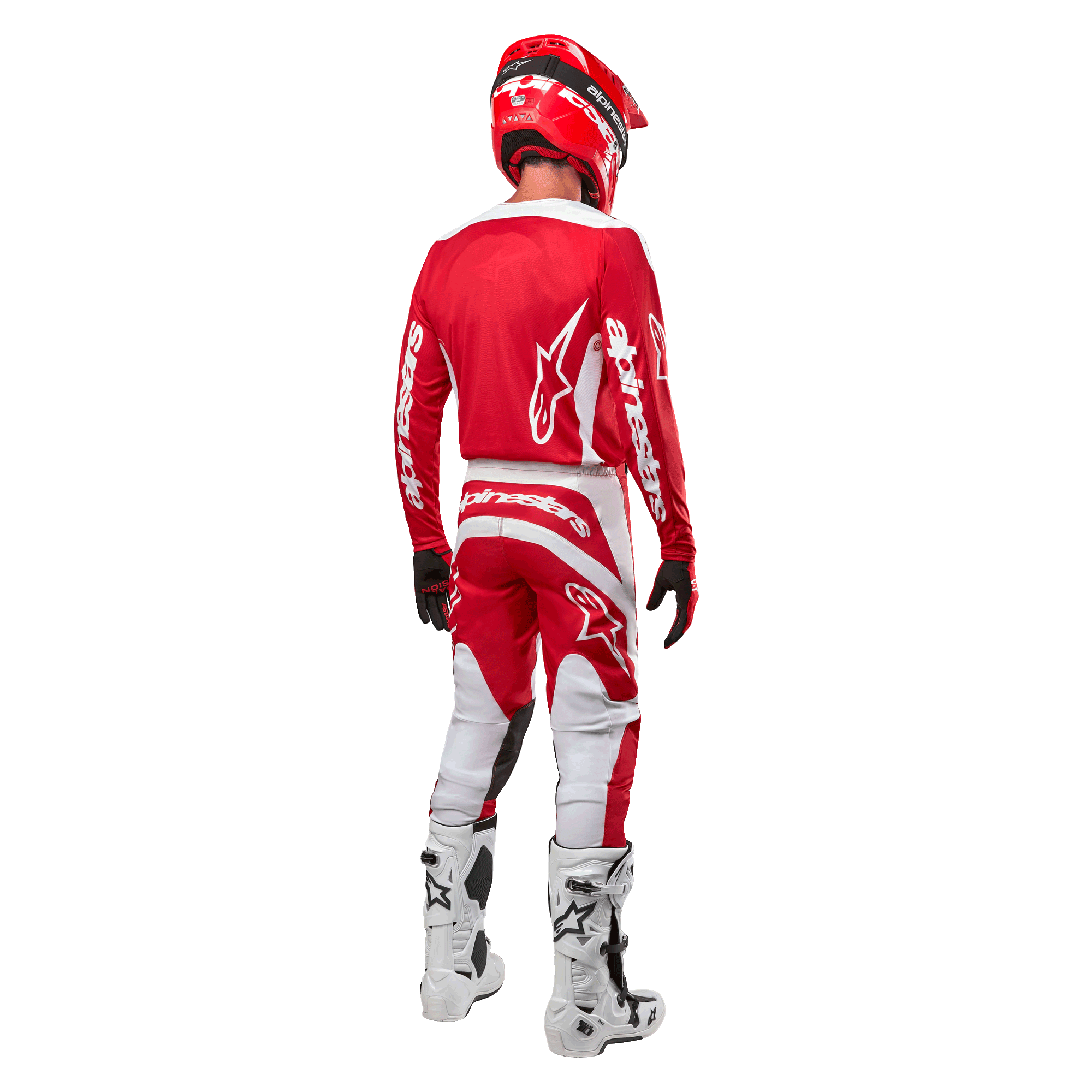 Rückansicht eines Motocross-Fahrers im Alpinestars 2024 Fluid Lurv Trikot in Mars Red White, kombiniert mit passender rot-weißer Hose, weißen Offroad-Stiefeln und einem roten Helm; zeigt das Rückendesign und das Alpinestars-Branding.