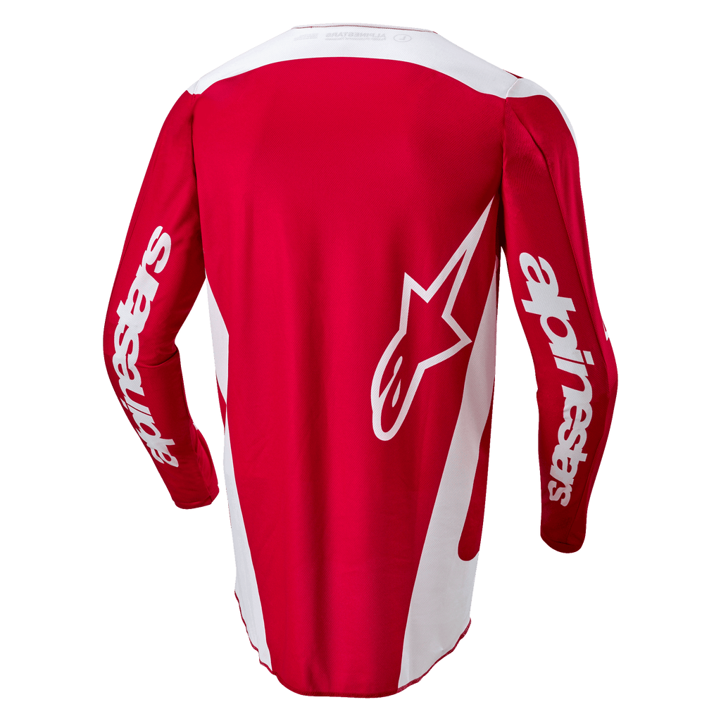 Alpinestars 2024 Fluid Lurv Trikot, Motocross-Trikot, Mars-Rot und Weiß, Rückansicht mit großem weißem Stern-Logo auf dem Rücken, weißen Seiteneinsätzen und Branding auf den Ärmeln
