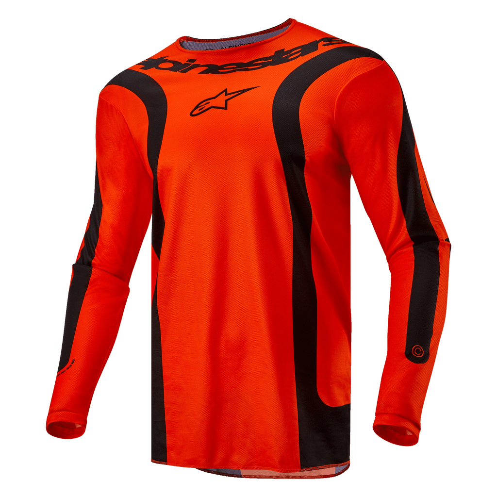 Alpinestars 2024 Fluid Lurv Trikot, Motocross-Trikot, Hot Orange und Schwarz, lange Ärmel mit schwarzen geschwungenen Einsätzen, Alpinestars-Logo auf der Brust und Branding am Kragen, athletische Sport-Passform für Offroad-Rennen