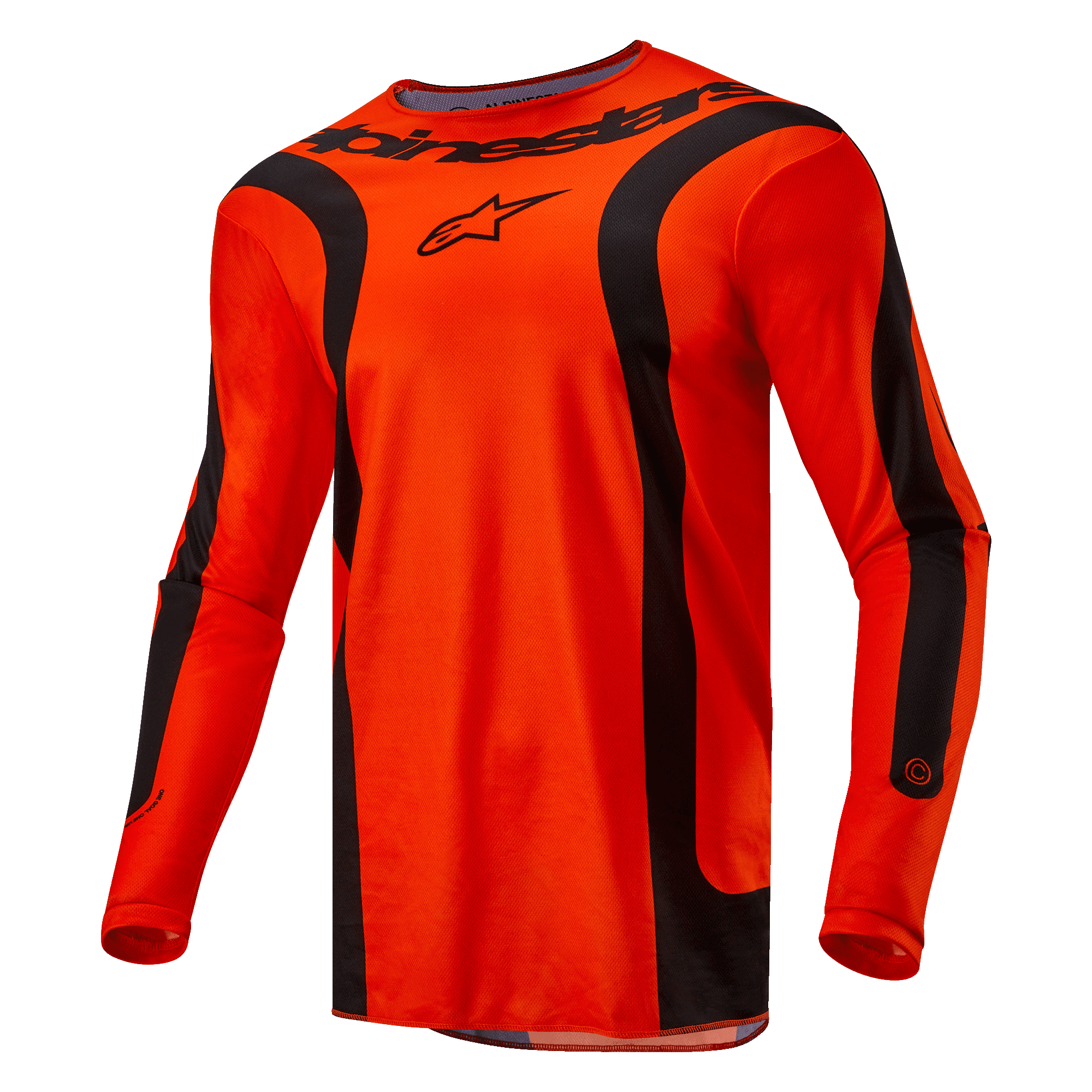 Alpinestars 2024 Fluid Lurv Trikot, Motocross-Trikot, Hot Orange und Schwarz, lange Ärmel mit schwarzen geschwungenen Einsätzen, Alpinestars-Logo auf der Brust und Branding am Kragen, athletische Sport-Passform für Offroad-Rennen