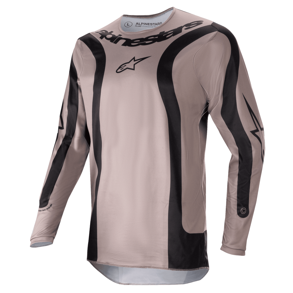 Alpinestars 2024 Fluid Lurv Jersey, Motocross-Trikot, Mud Black, mit schwarzen geschwungenen Grafikbahnen und zentralem Alpinestars-Logo, leichtes, atmungsaktives Poly-Gewebe für Offroad-Rennperformance