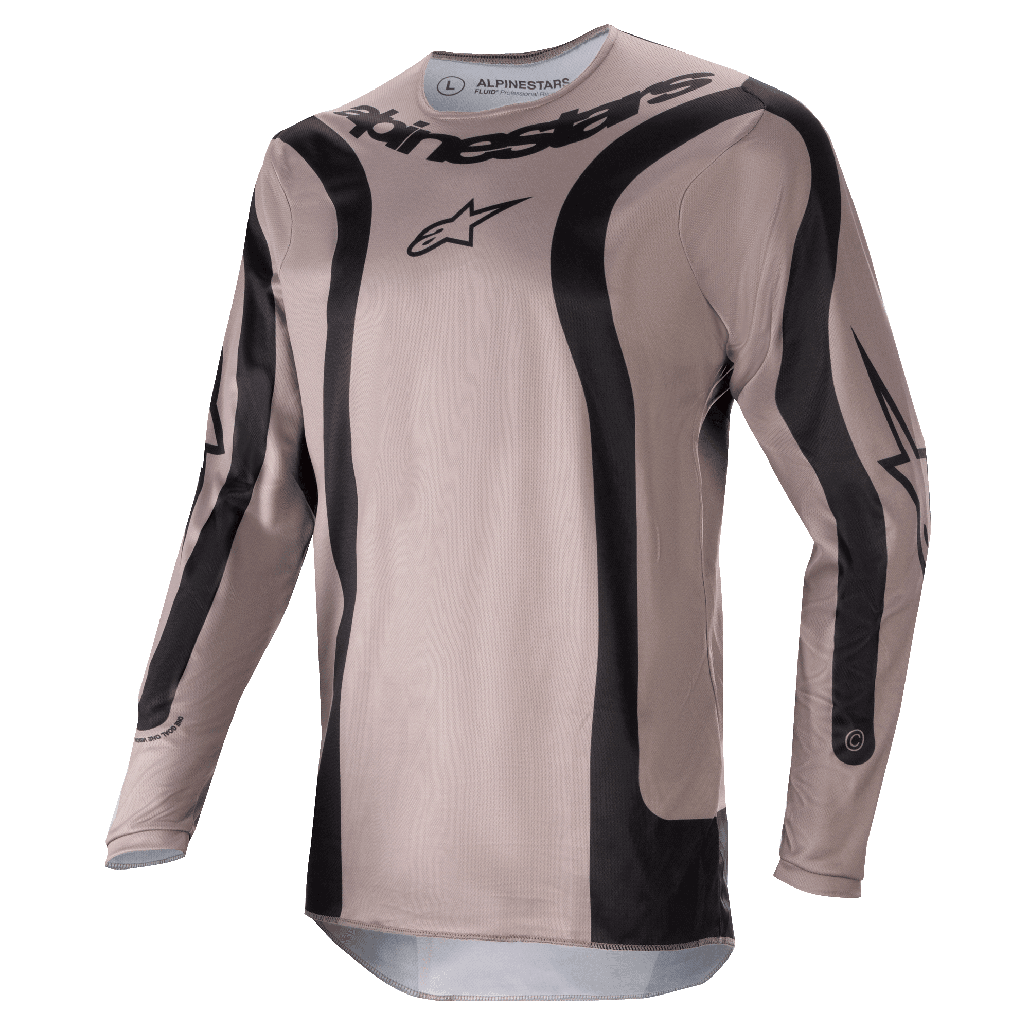 Alpinestars 2024 Fluid Lurv Jersey, Motocross-Trikot, Mud Black, mit schwarzen geschwungenen Grafikbahnen und zentralem Alpinestars-Logo, leichtes, atmungsaktives Poly-Gewebe für Offroad-Rennperformance