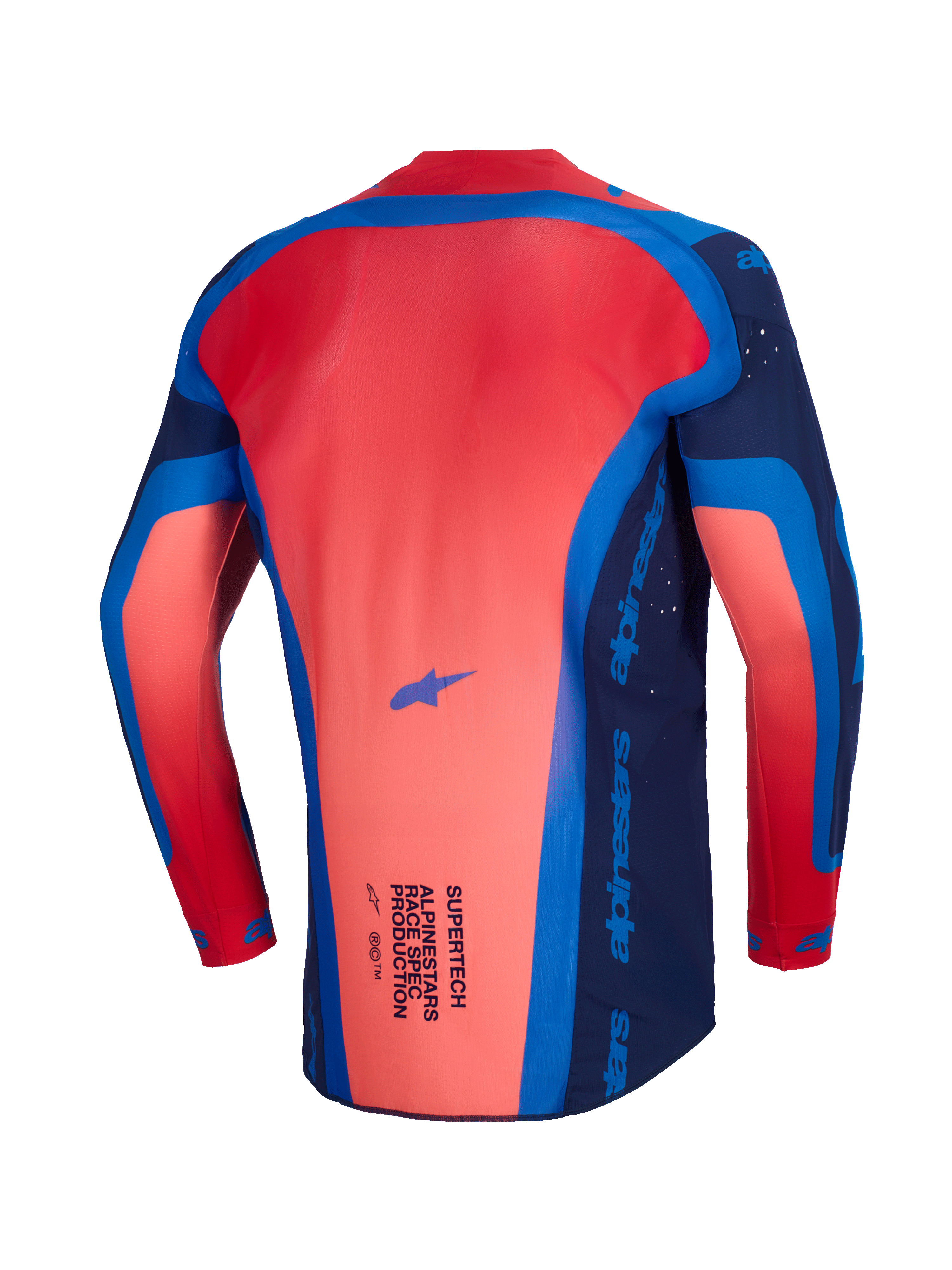 Alpinestars 2026 Supertech Vista Jersey, Motocross Jersey, Dark Navy Hot Coral and Cobalt, back view showing the extended rear profile and lightweight mesh construction
