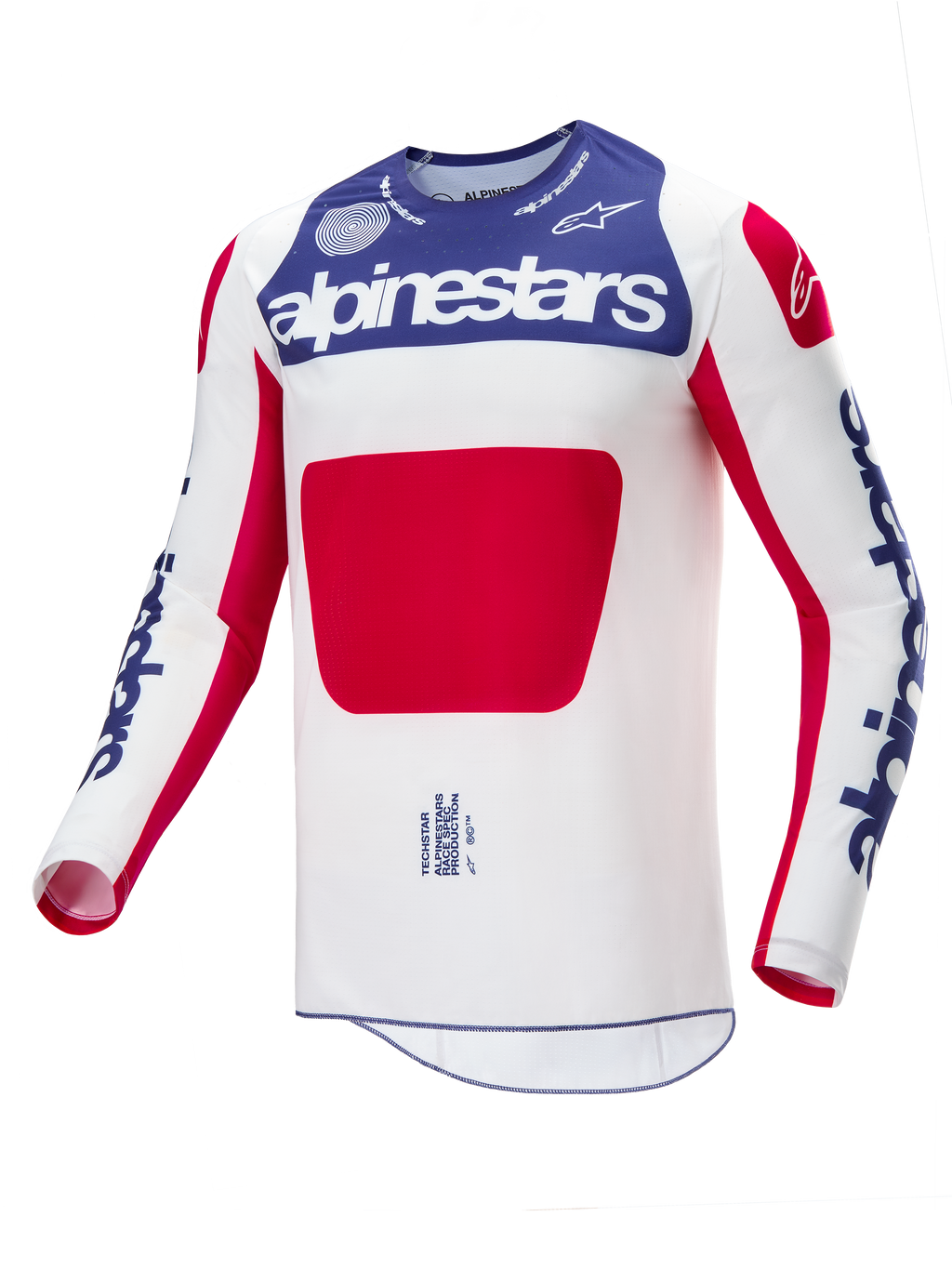 Alpinestars Limited Edition Techstar Fortitude Jersey, Motocross-Trikot, Rot, Weiß und Blau, weißes Hauptteil mit blauem Brustpanel und roter Grafik, blaue Alpinestars-Logos auf den Ärmeln, athletisches Race-Fit-Design