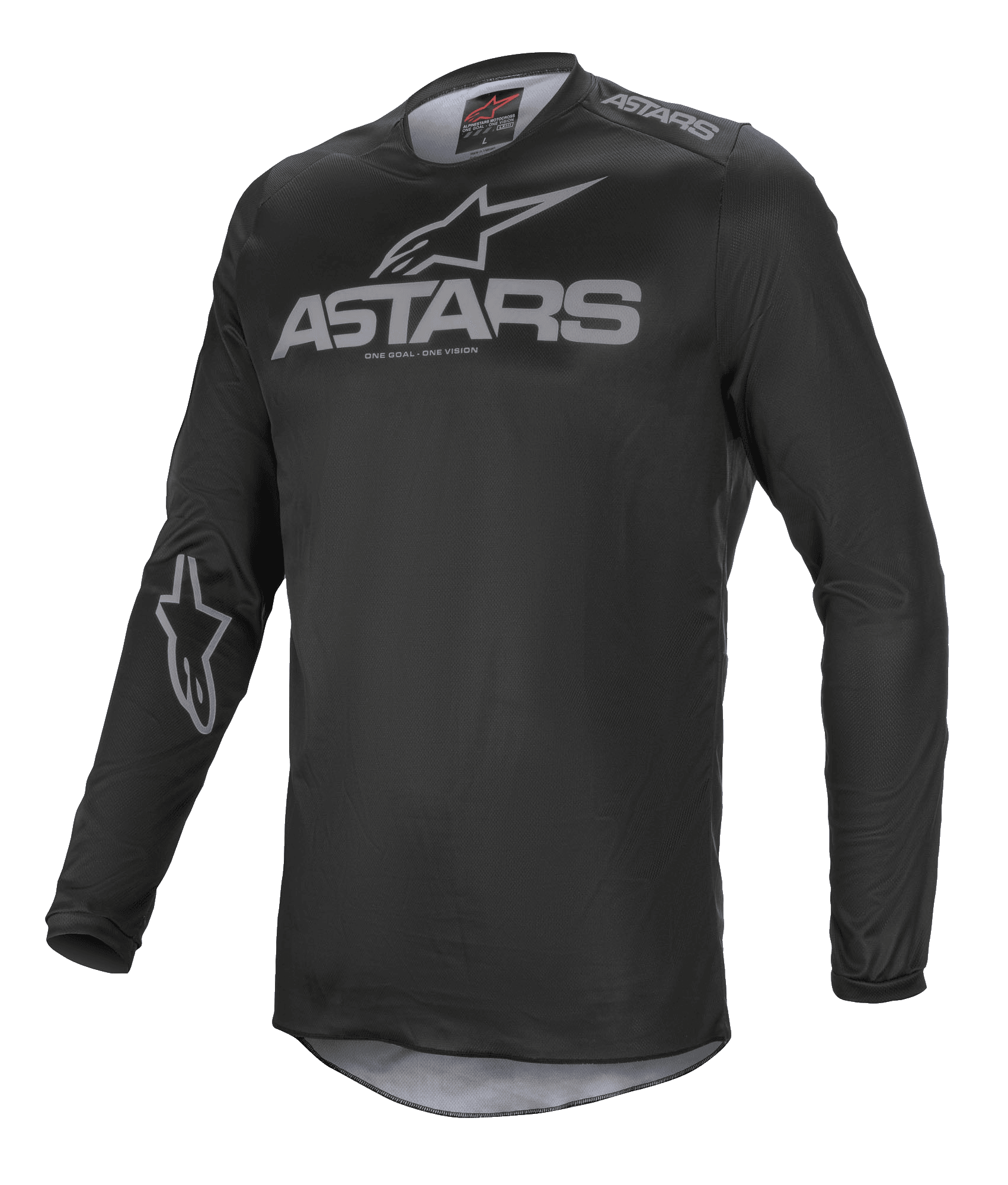 Alpinestars Fluid Graphite Jersey, Motocross-Jersey, Schwarz und Dunkelgrau, mit grauem ASTARS-Logo auf Brust und Schulter, Stern-Logo am Ärmel, langärmelige technische Mesh-Konstruktion für den Offroad-Rennsport