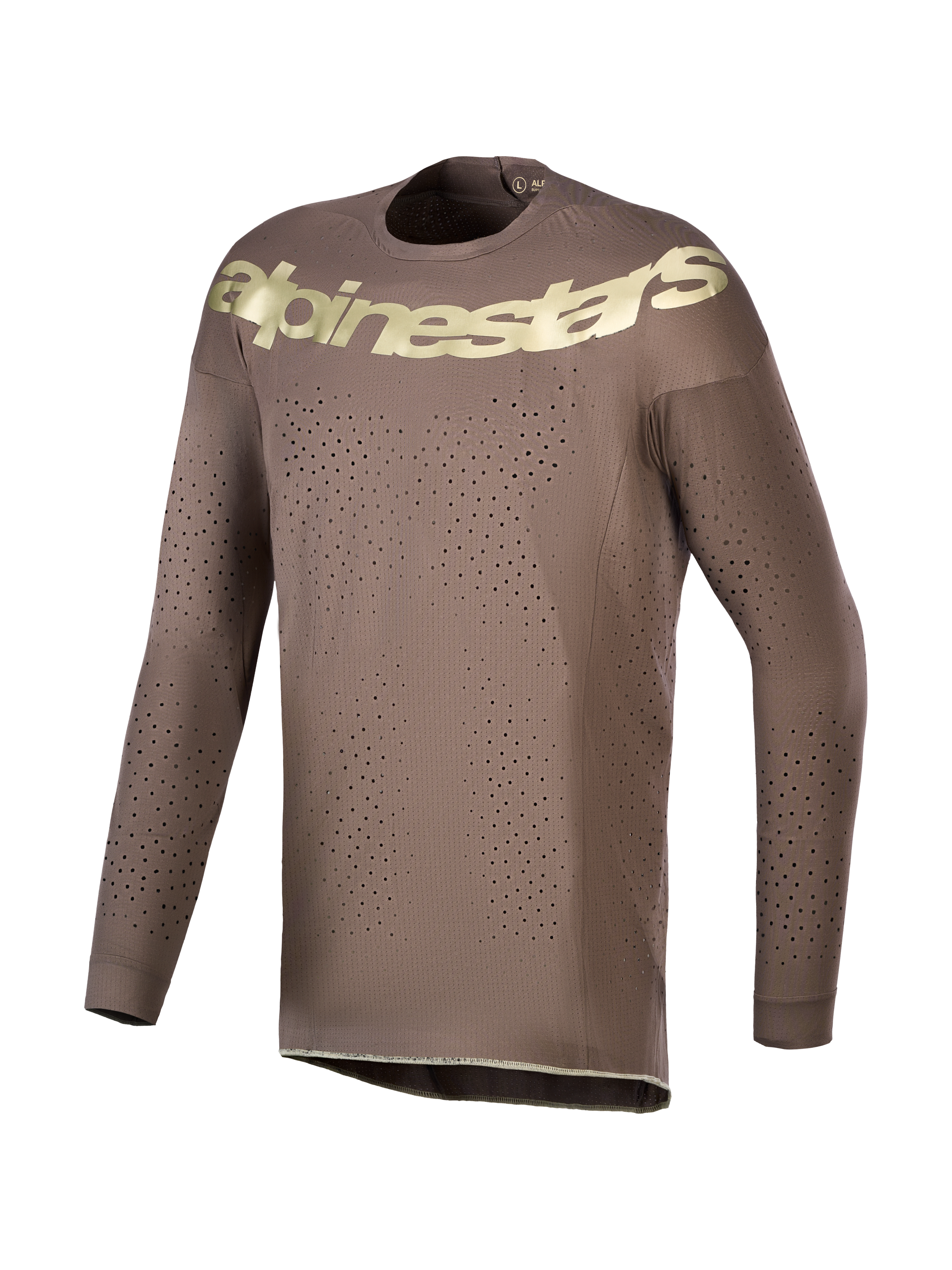 Alpinestars Limited Edition Supertech Air Gold Trikot, Motocross-Oberteil in Braun und Gold, mit lasergeschnittenen Belüftungslöchern und Stretch-Mesh-Material für Profi-Performance.