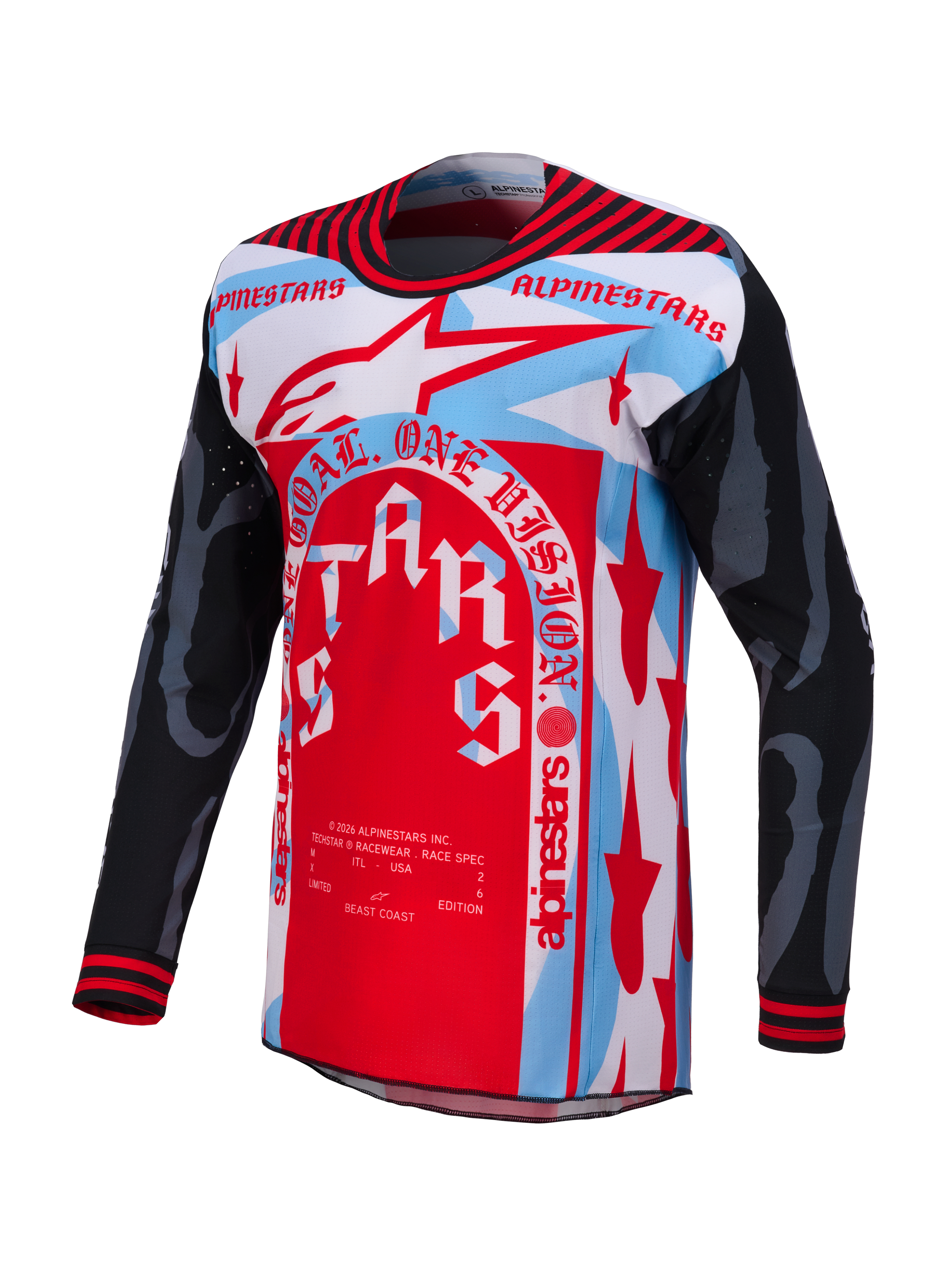 Techstar Trikot Limited Edition Beast Coast, rot-blaues MX-Trikot mit schwarzen Ärmeln und markanten Alpinestars-Grafiken.