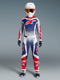 Alpinestars Techstar Unity Bekleidungsset Limited Edition, Motocross-Rennoutfit für Herren, Weiß, Blau und Rot mit Grafiken.