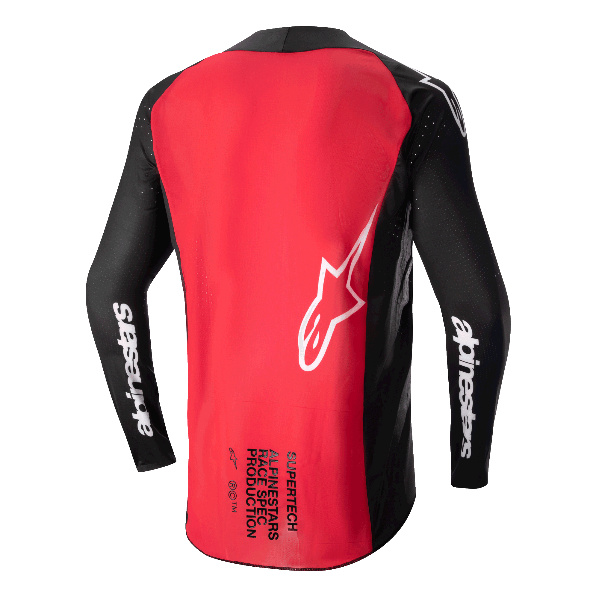 Alpinestars 2024 Supertech Ward Trikot, Motocross-Trikot, Schwarz und Beerenrot, Rückansicht mit großem roten Rückenpanel, schwarzen Mesh-Ärmeln mit weißem Alpinestars-Branding, weißem Stern-Logo und „Supertech Race Spec“-Schriftzug am unteren Rücken.