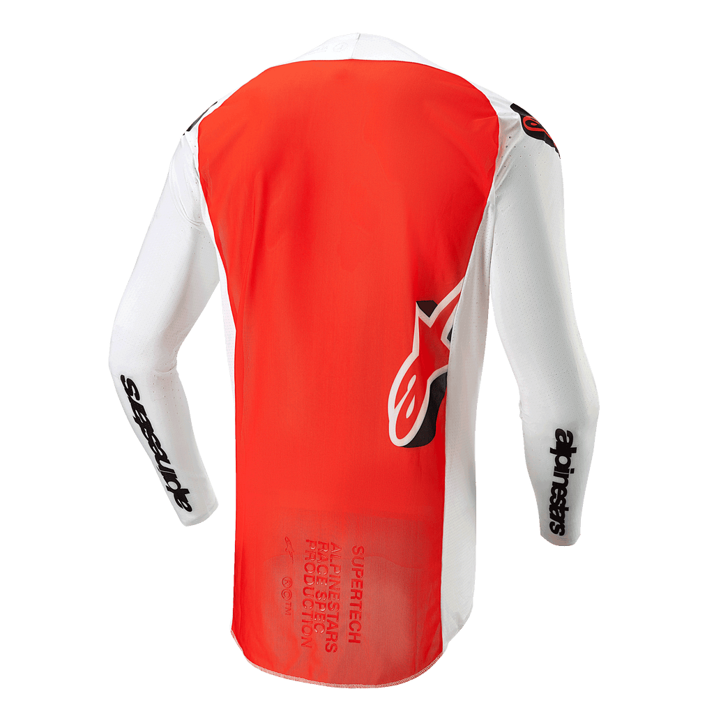 Alpinestars 2024 Supertech Ward Trikot, Rückansicht, Weiß Hot Orange, mit großem, leuchtend orangefarbenem Mittelteil, weißen Ärmeln und Seitenteilen mit schwarzem Alpinestars-Branding und Astar-Logo am unteren Rücken, professionelle Mesh-Konstruktion für Motocross.