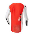 Alpinestars 2024 Supertech Ward Trikot, Rückansicht, Weiß Hot Orange, mit großem, leuchtend orangefarbenem Mittelteil, weißen Ärmeln und Seitenteilen mit schwarzem Alpinestars-Branding und Astar-Logo am unteren Rücken, professionelle Mesh-Konstruktion für Motocross.