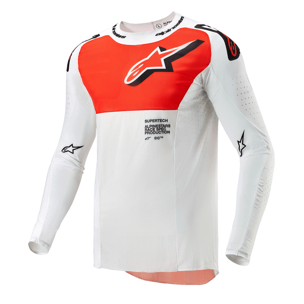 Alpinestars 2024 Supertech Ward Trikot, Motocross-Trikot, Weiß und Hot Orange, langärmeliges technisches Oberteil mit großer orangefarbener Brustgrafik, Stern-Logo und atmungsaktiver perforierter Konstruktion für den Offroad-Rennsport