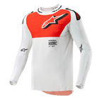 Alpinestars 2024 Supertech Ward Trikot, Motocross-Trikot, Weiß und Hot Orange, langärmeliges technisches Oberteil mit großer orangefarbener Brustgrafik, Stern-Logo und atmungsaktiver perforierter Konstruktion für den Offroad-Rennsport