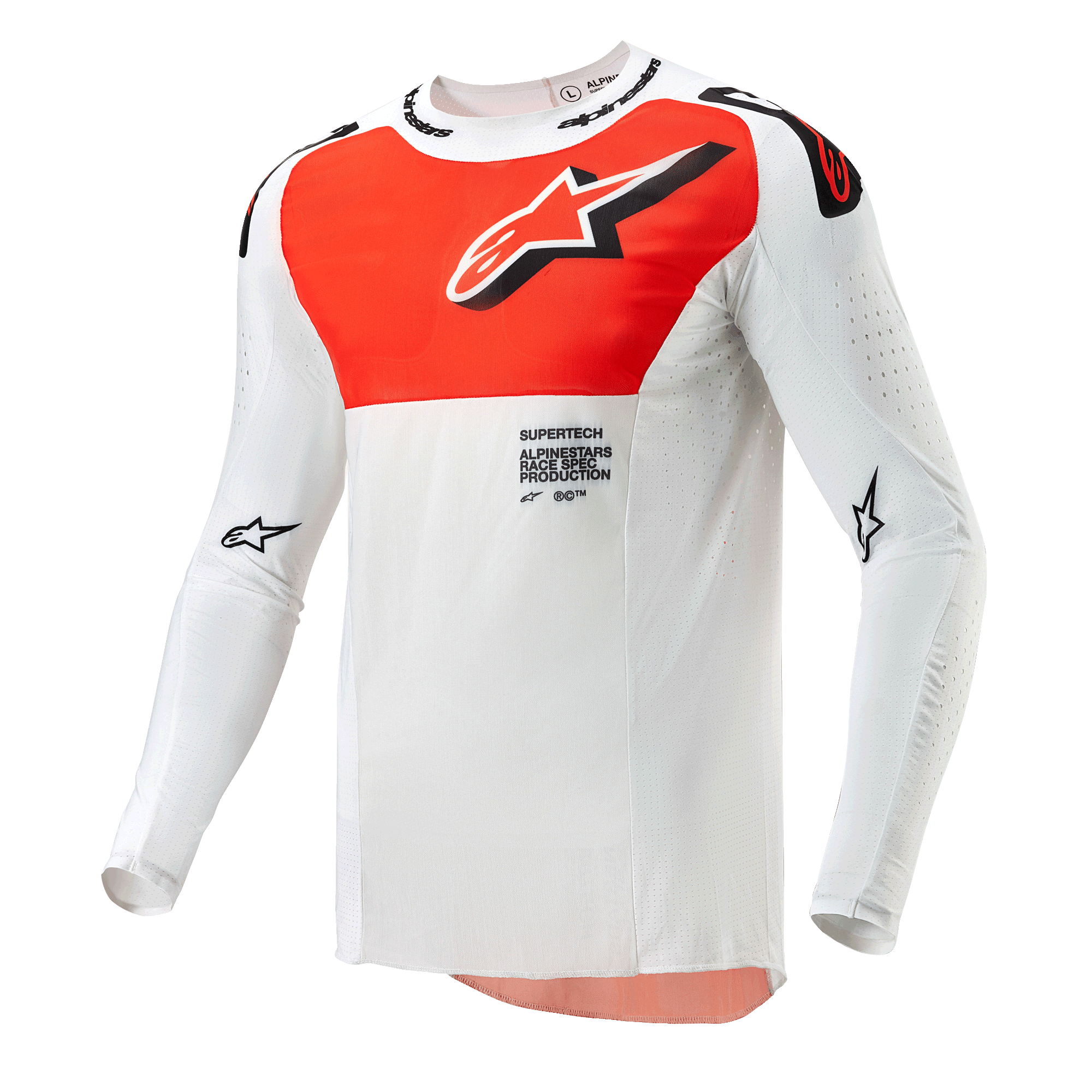 Alpinestars 2024 Supertech Ward Trikot, Motocross-Trikot, Weiß und Hot Orange, langärmeliges technisches Oberteil mit großer orangefarbener Brustgrafik, Stern-Logo und atmungsaktiver perforierter Konstruktion für den Offroad-Rennsport