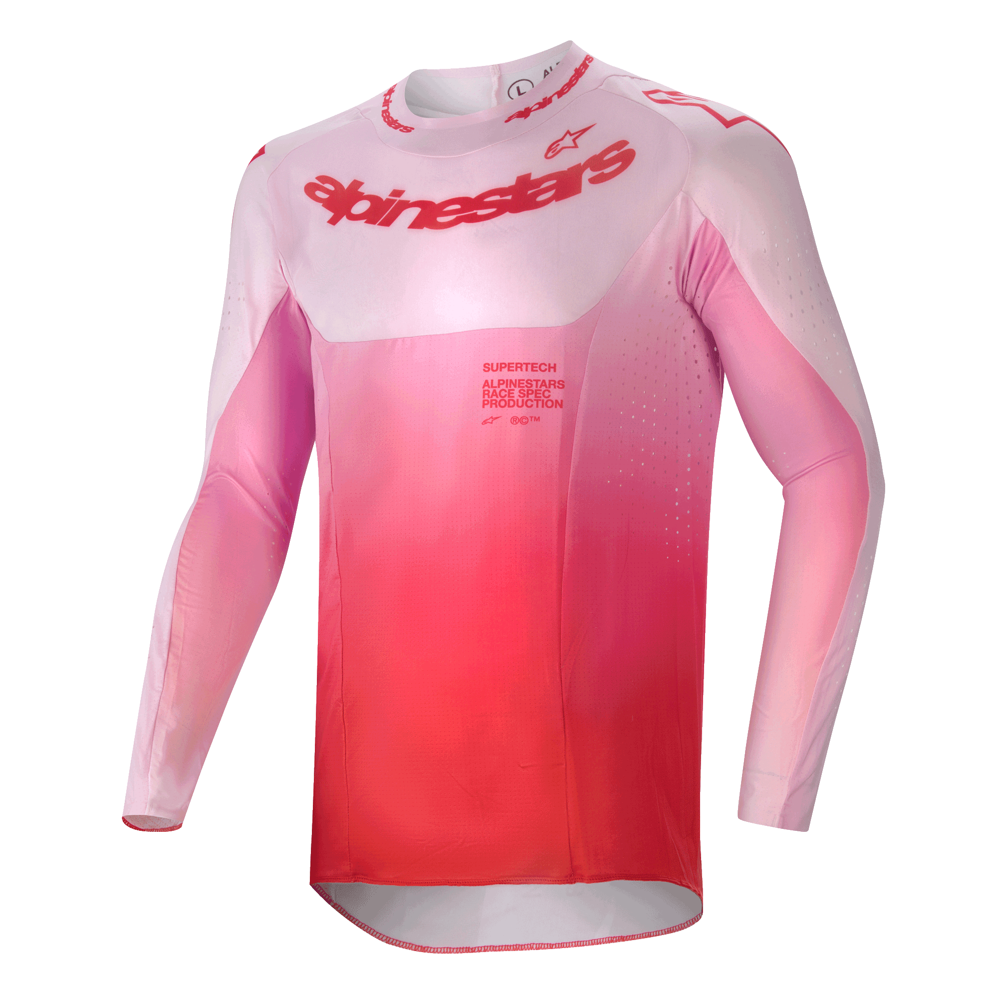 Alpinestars 2024 Supertech Dade Trikot, Motocross-Trikot, Red Berry Lilac mit einem Farbverlauf von Pink zu Rot, langärmelige athletische Passform mit lasergeschnittenen Belüftungsöffnungen und markantem Branding auf der Brust, Performance-Offroad-Bekleidung