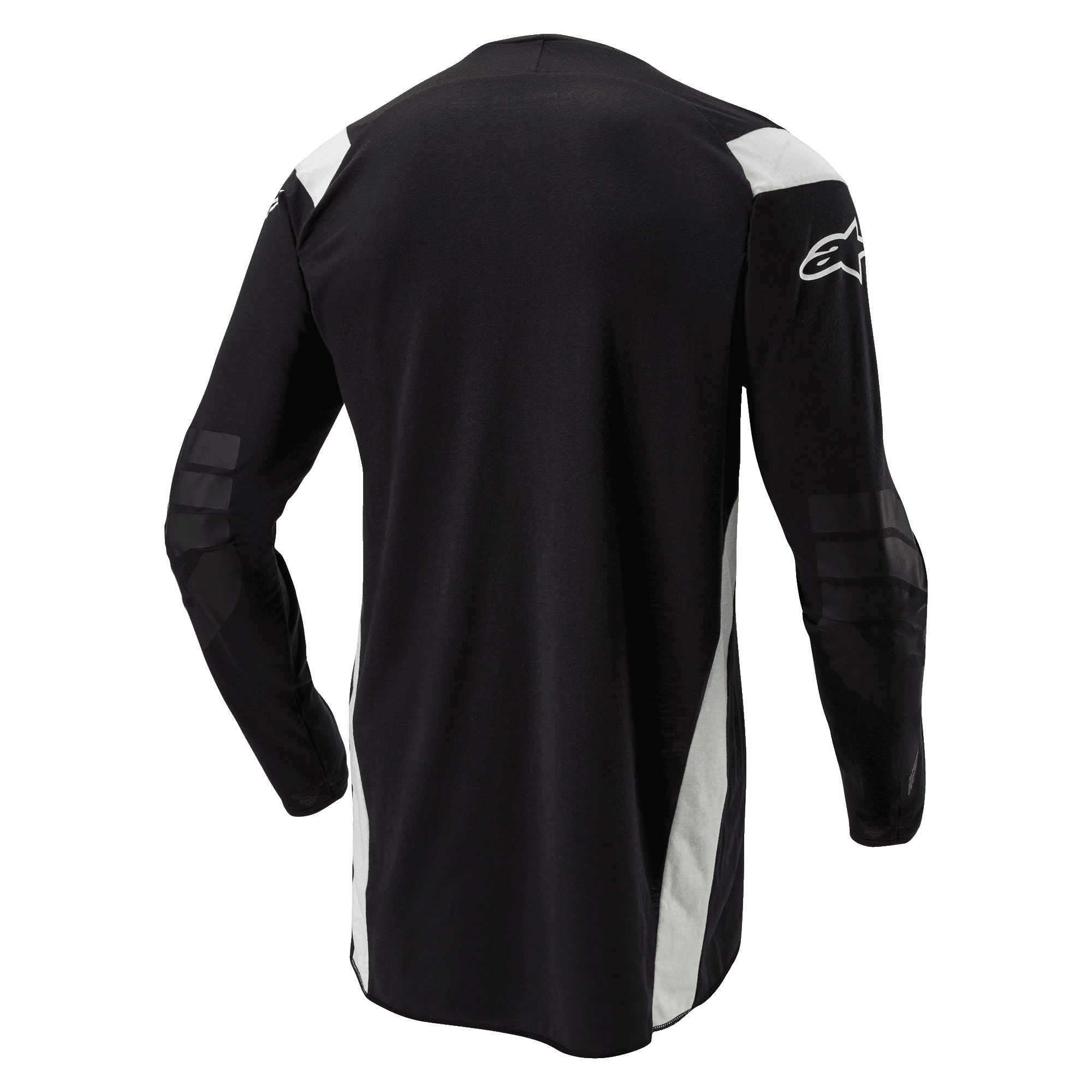 Alpinestars Techdura Jersey, Enduro-Motocross-Trikot, Schwarz mit weißen Akzenten, Rückansicht mit verlängertem Rückenteil, verstärkte Ellbogen und weißes Alpinestars-Logo auf dem Ärmel, strapazierfähige Offroad-Bekleidung