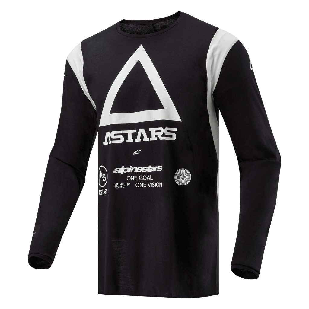 Alpinestars Techdura Trikot, Motocross- und Enduro-Trikot, Schwarz mit großem weißem Dreieck und ASTARS-Logo, weiße Schultereinsätze, Langarm, strapazierfähiges Poly-Gewebe für Offroad-Fahrten