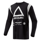 Alpinestars Techdura Trikot, Motocross- und Enduro-Trikot, Schwarz mit großem weißem Dreieck und ASTARS-Logo, weiße Schultereinsätze, Langarm, strapazierfähiges Poly-Gewebe für Offroad-Fahrten
