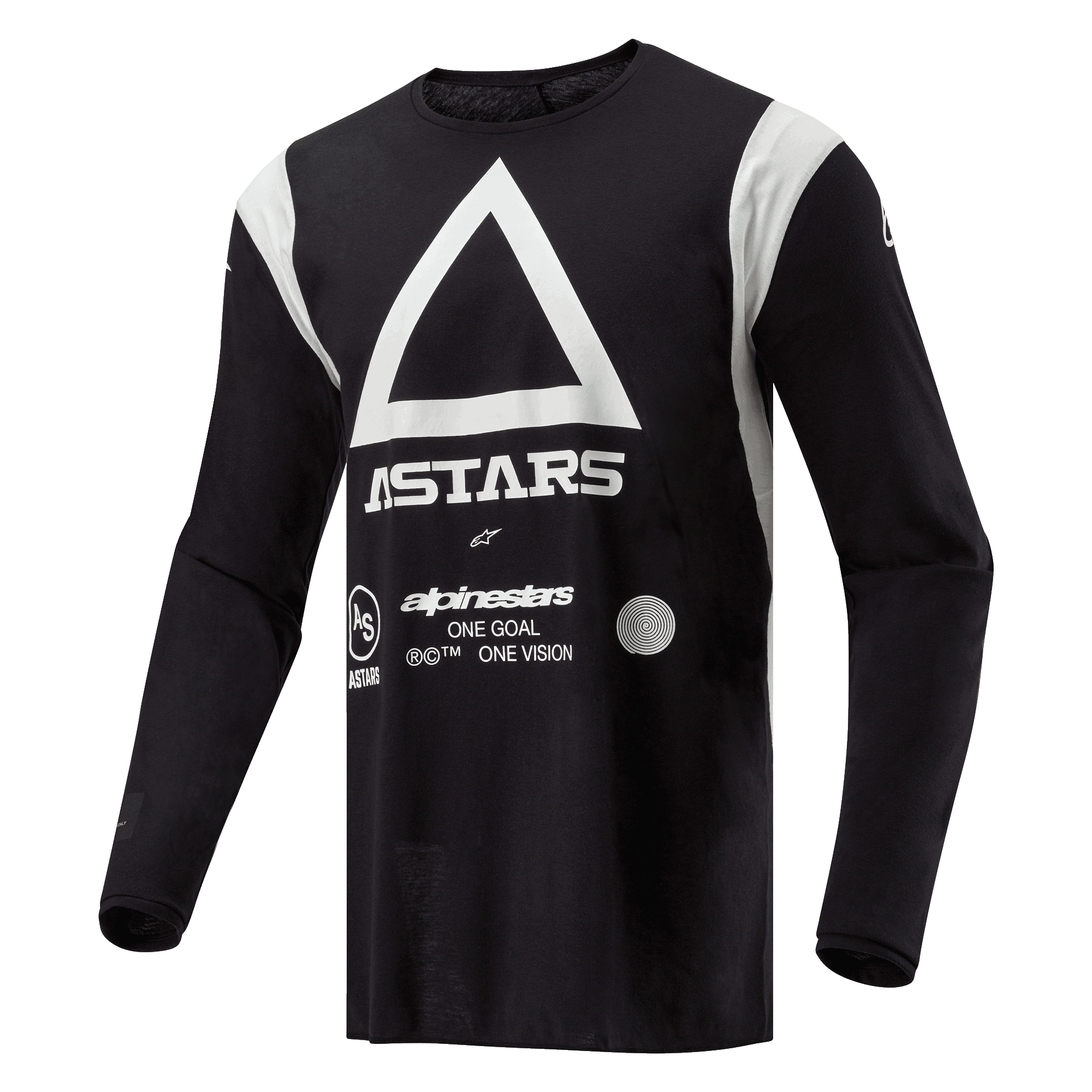 Alpinestars Techdura Trikot, Motocross- und Enduro-Trikot, Schwarz mit großem weißem Dreieck und ASTARS-Logo, weiße Schultereinsätze, Langarm, strapazierfähiges Poly-Gewebe für Offroad-Fahrten
