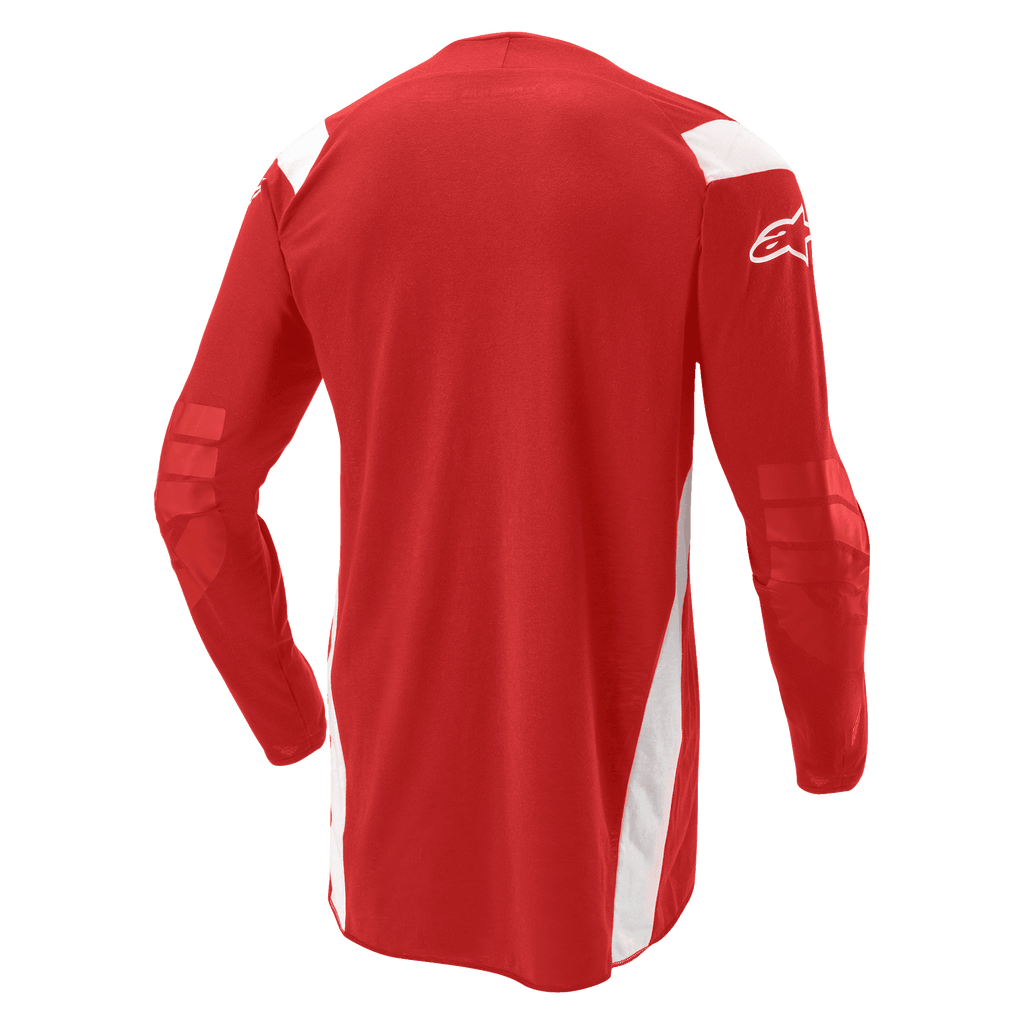 Alpinestars Techdura Jersey, Motocross- und Enduro-Jersey, Leuchtendes Rot mit weißen Einsätzen, Rückansicht mit verlängertem Rückenteil und verstärkten Ellbogen, weißes Alpinestars-Logo auf dem Ärmel, strapazierfähige Offroad-Performance-Ausrüstung
