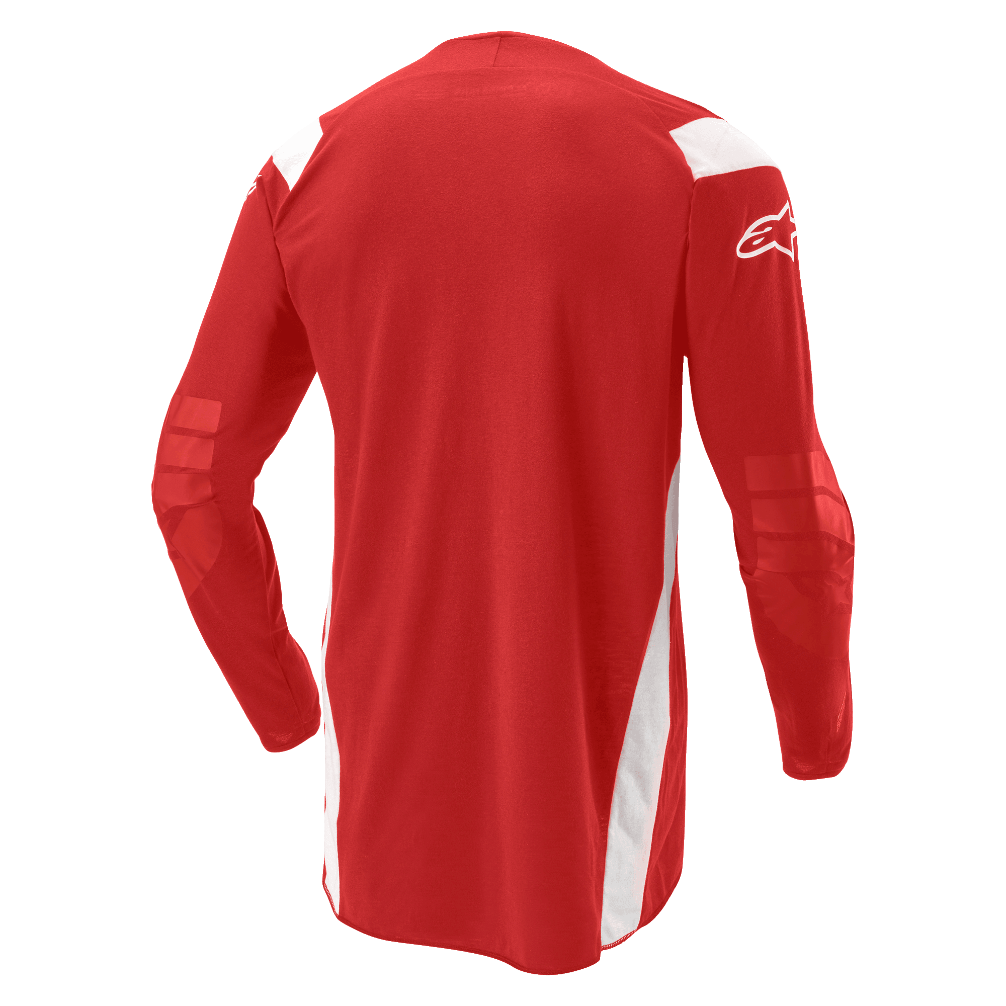 Alpinestars Techdura Jersey, Motocross- und Enduro-Jersey, Leuchtendes Rot mit weißen Einsätzen, Rückansicht mit verlängertem Rückenteil und verstärkten Ellbogen, weißes Alpinestars-Logo auf dem Ärmel, strapazierfähige Offroad-Performance-Ausrüstung