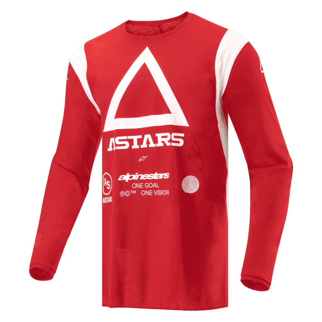 Alpinestars Techdura Trikot, Motocross- und Enduro-Trikot, Leuchtendes Rot, mit weißem Dreieck und ASTARS-Branding auf der Brust, langärmliges feuchtigkeitsableitendes Poly-Gewebe für Offroad-Fahrten